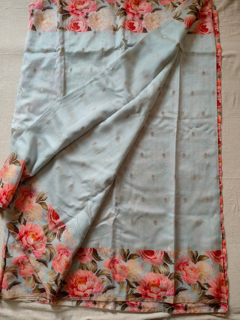 Chanderi Silk Cotton Saree with Golden Zari Buti – Powder Blue Floral Bliss