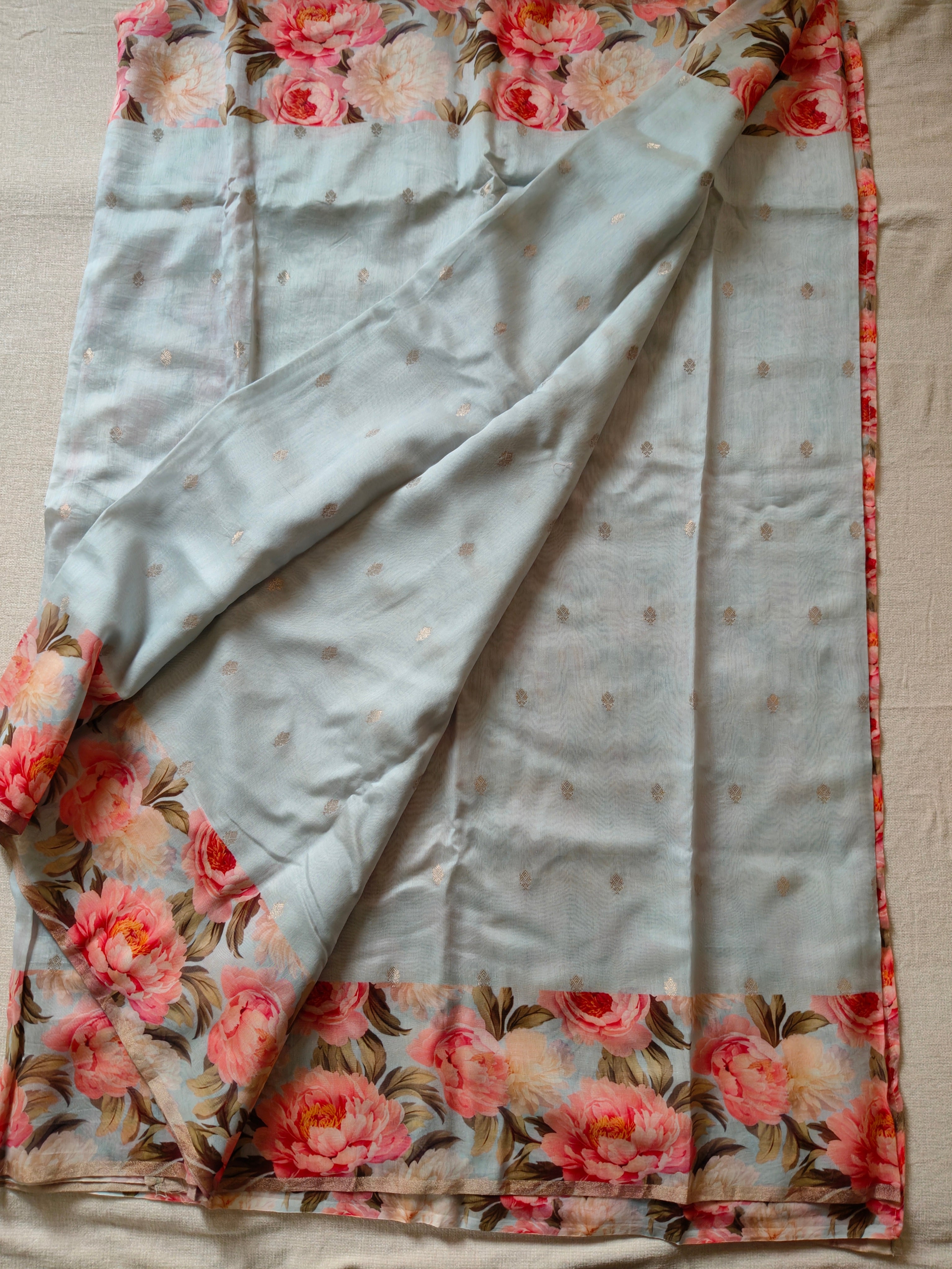 Chanderi Silk Cotton Saree with Golden Zari Buti – Powder Blue Floral Bliss