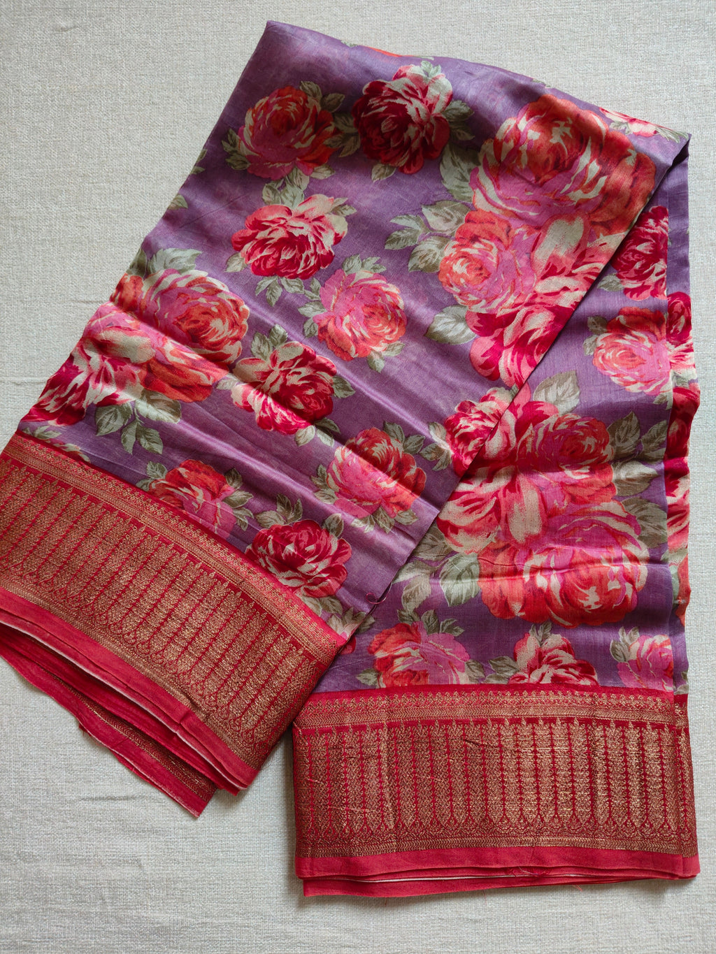Chanderi Cotton Silk Screen Print Saree with Zari Border - Lavender Purple with Crimson Red Accents