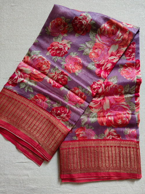 Chanderi Cotton Silk Screen Print Saree with Zari Border - Lavender Purple with Crimson Red Accents