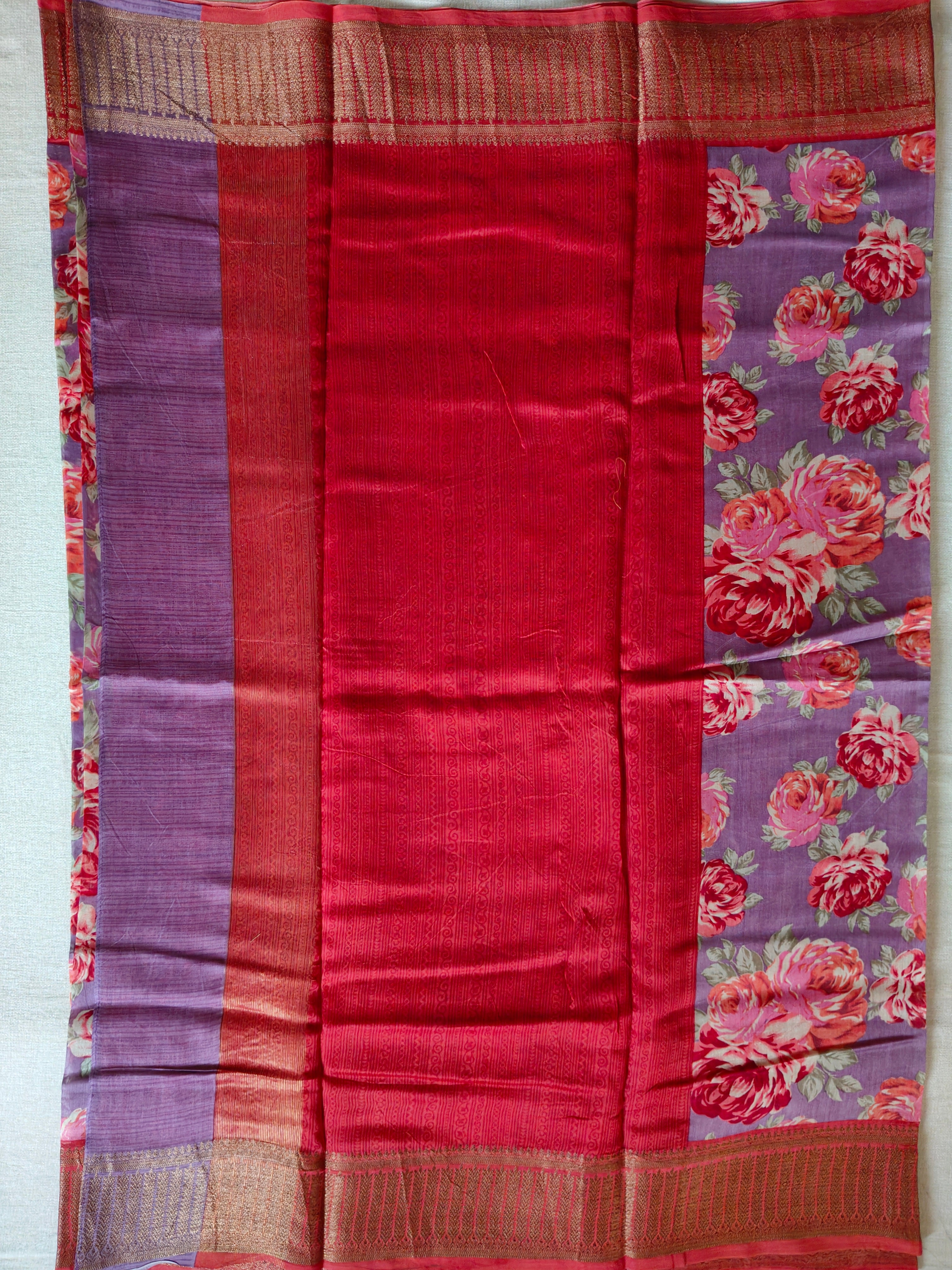 Chanderi Cotton Silk Screen Print Saree with Zari Border - Lavender Purple with Crimson Red Accents