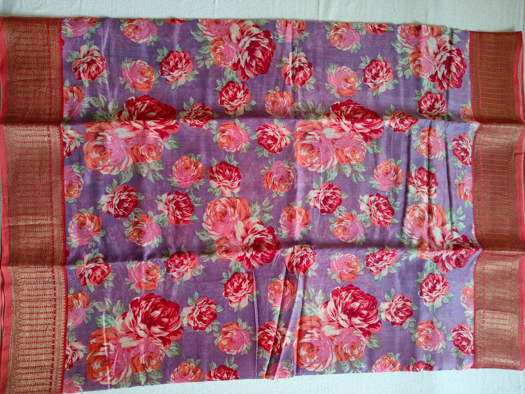Chanderi Cotton Silk Screen Print Saree with Zari Border - Lavender Purple with Crimson Red Accents