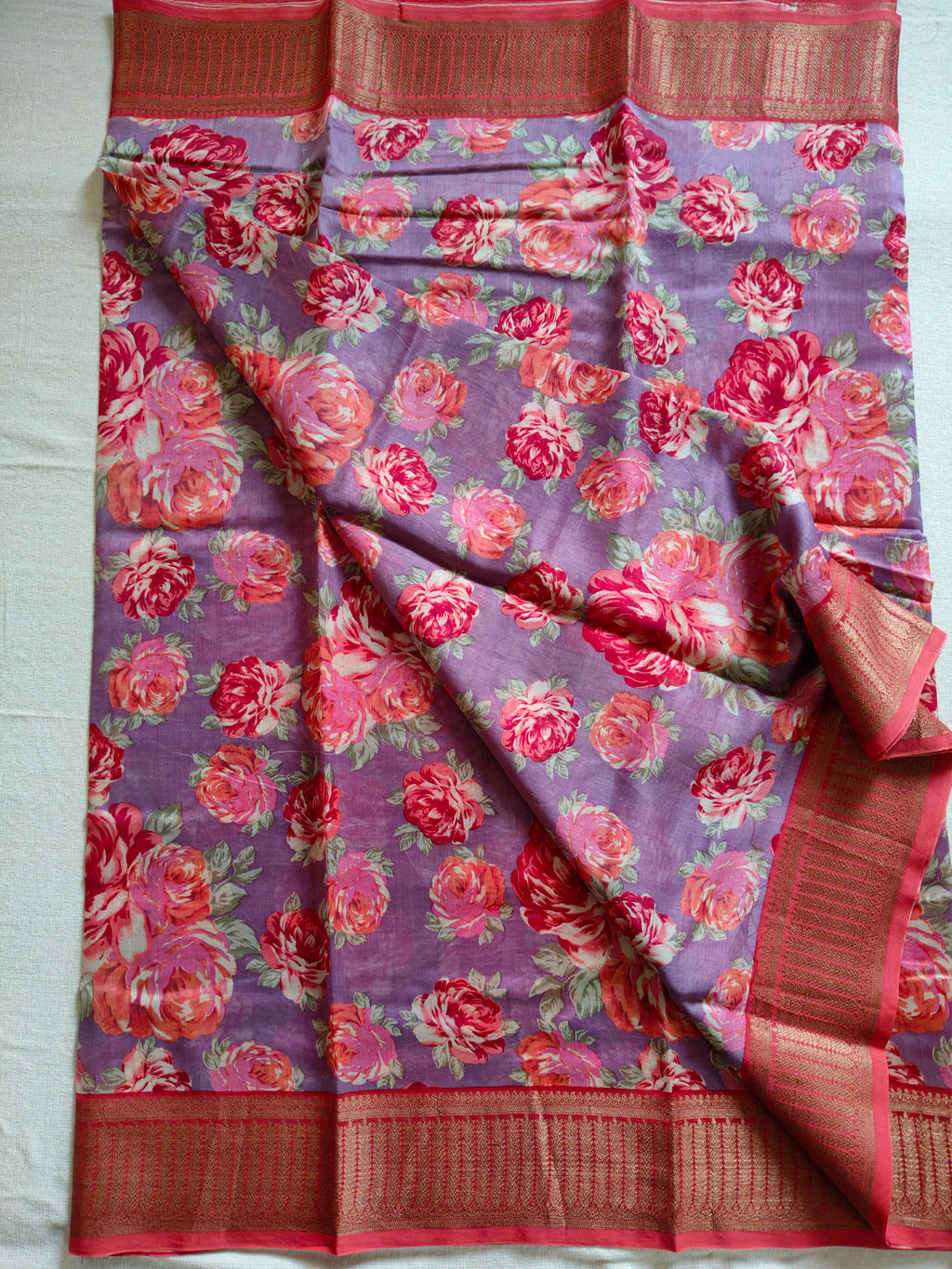 Chanderi Cotton Silk Screen Print Saree with Zari Border - Lavender Purple with Crimson Red Accents