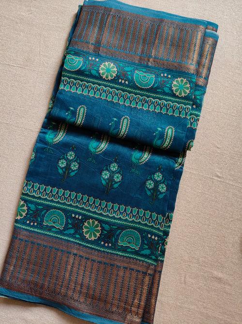 Chanderi Cotton Silk Screen Print Saree with Zari Border - Teal Blue