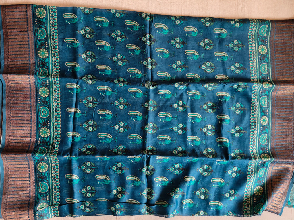 Chanderi Cotton Silk Screen Print Saree with Zari Border - Teal Blue