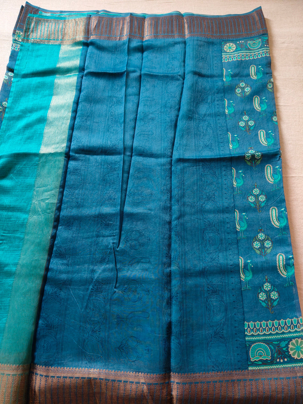 Chanderi Cotton Silk Screen Print Saree with Zari Border - Teal Blue