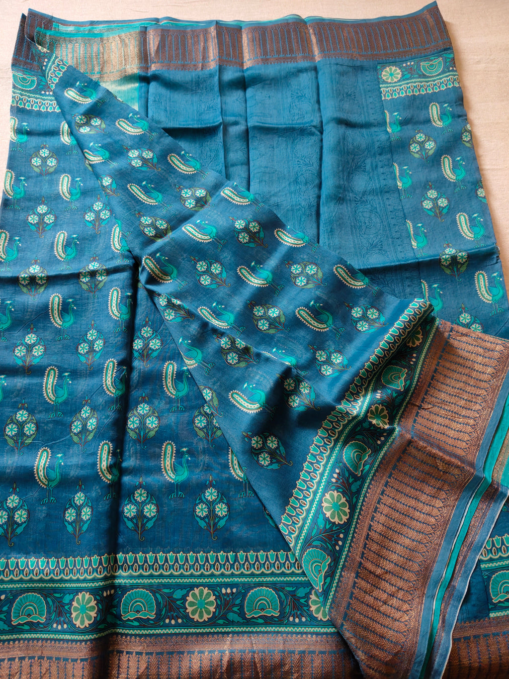 Chanderi Cotton Silk Screen Print Saree with Zari Border - Teal Blue