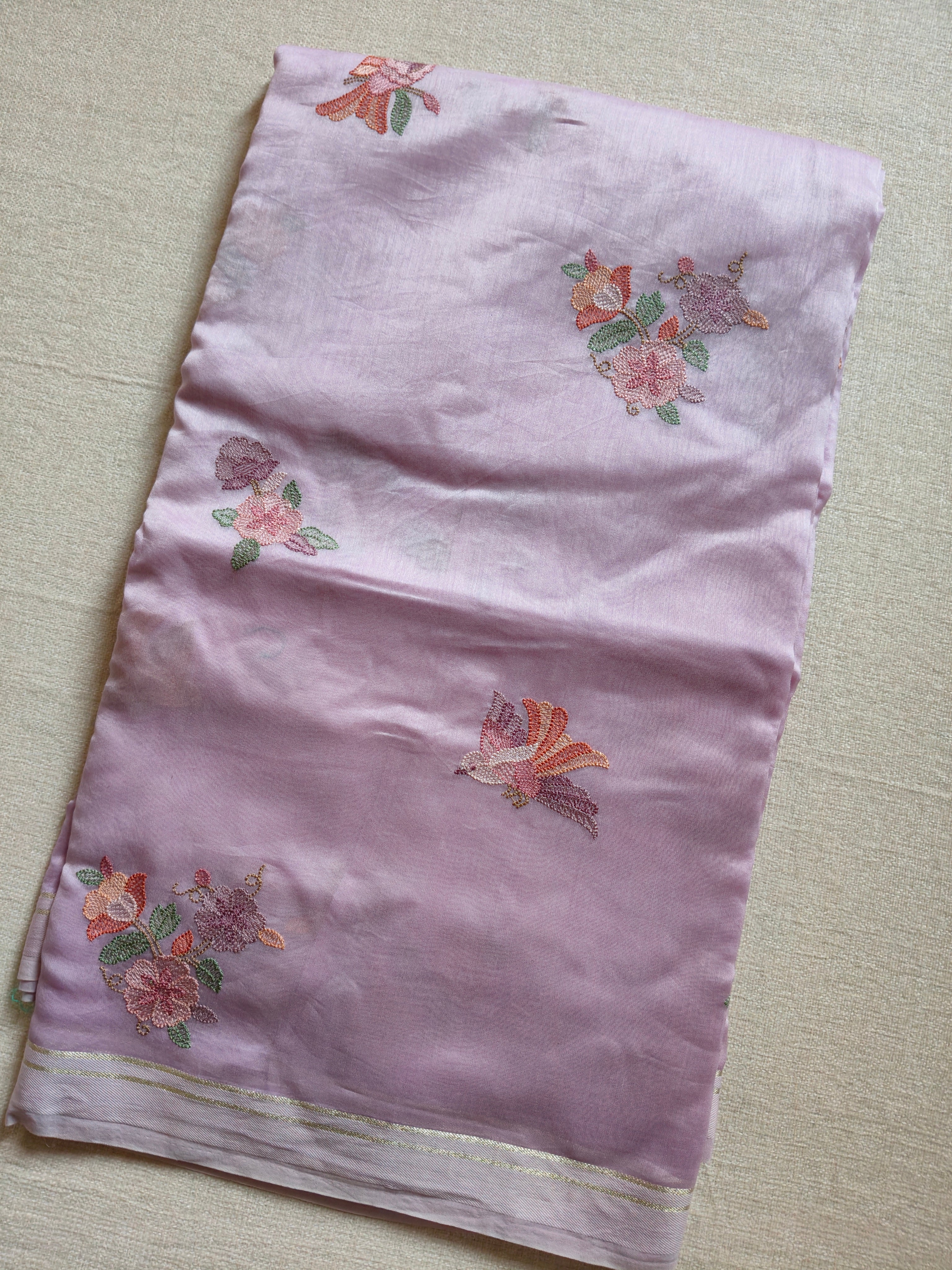 Mal Cotton Embroidered Saree - Soft Lilac