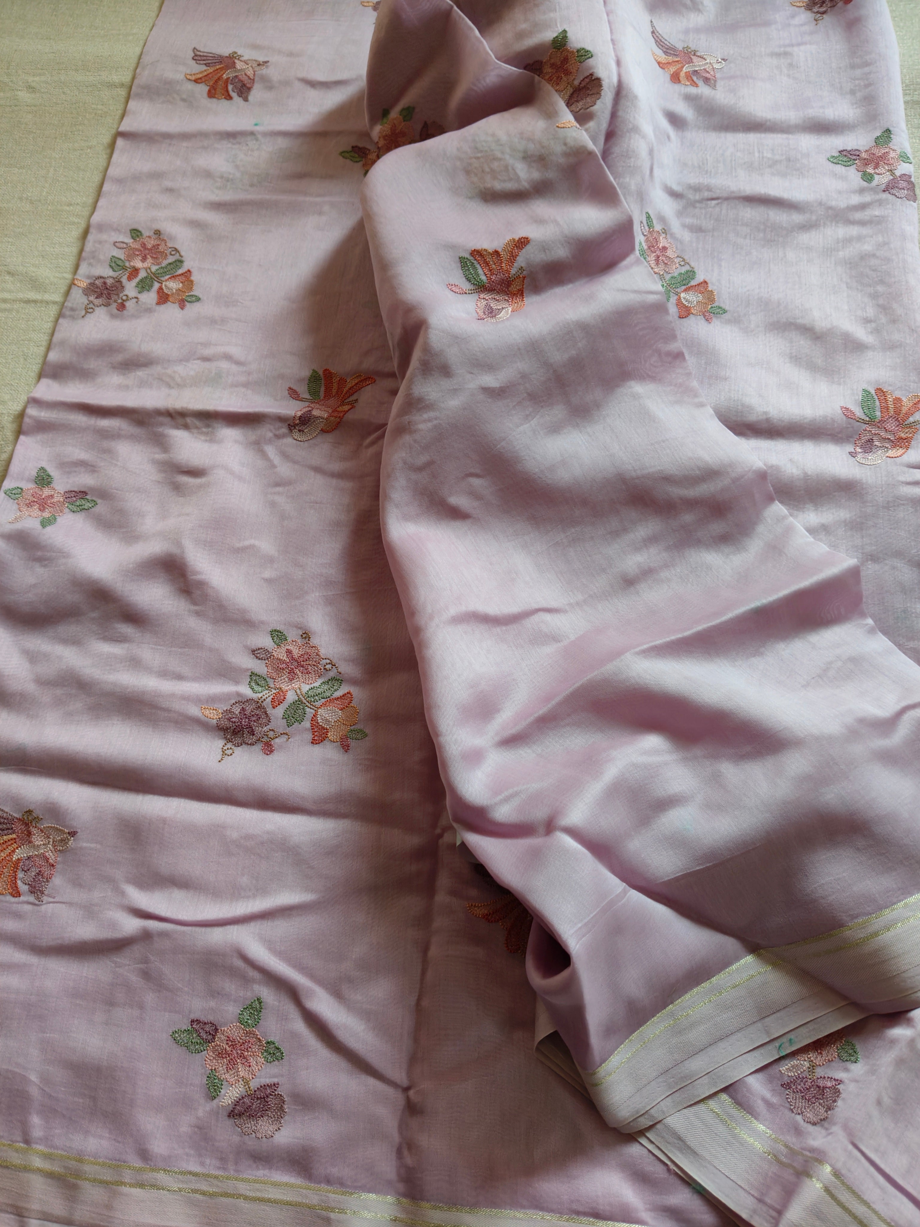 Mal Cotton Embroidered Saree - Soft Lilac