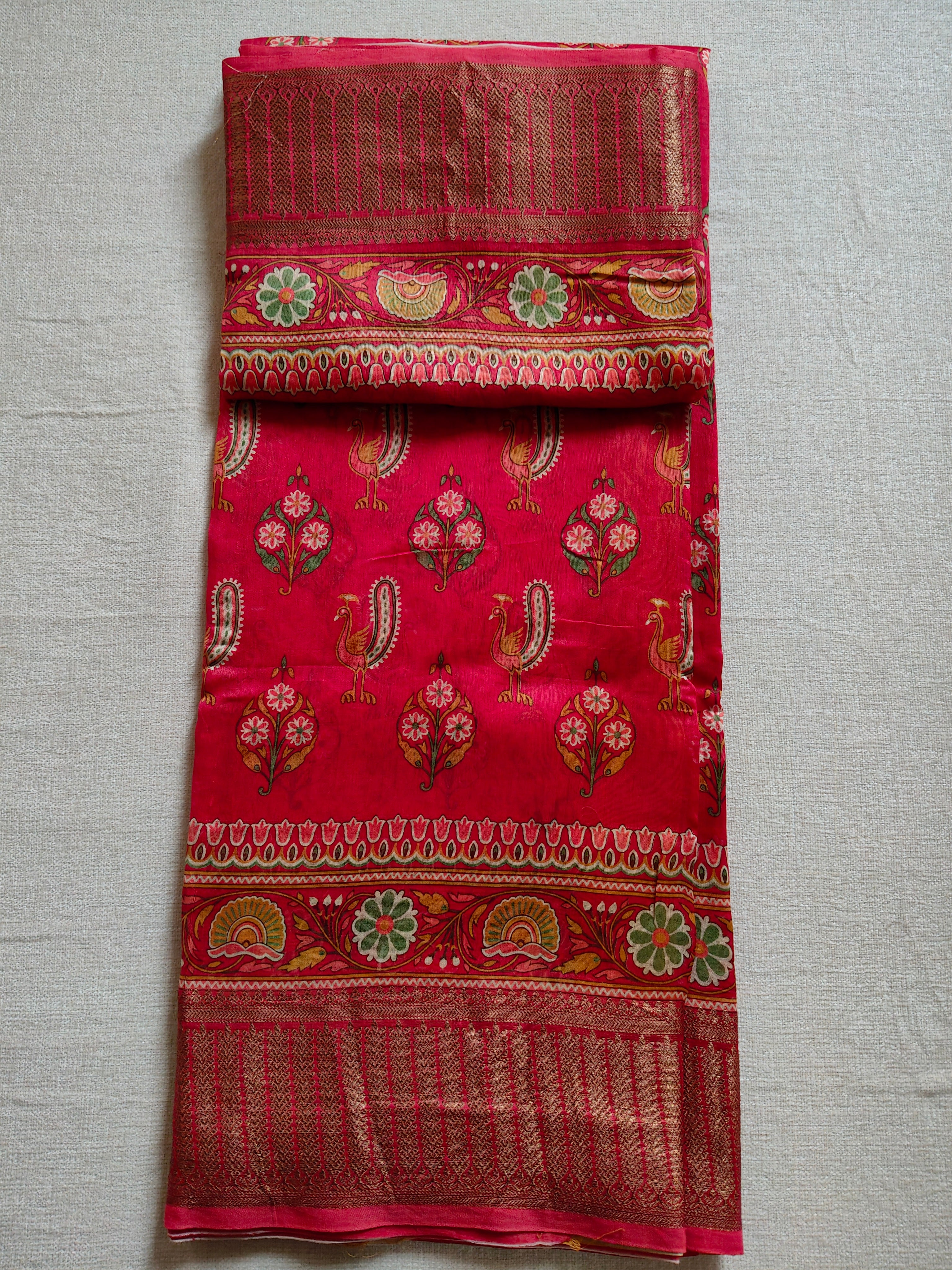Chanderi Cotton Silk Screen Print Saree with Zari Border - Coral Red