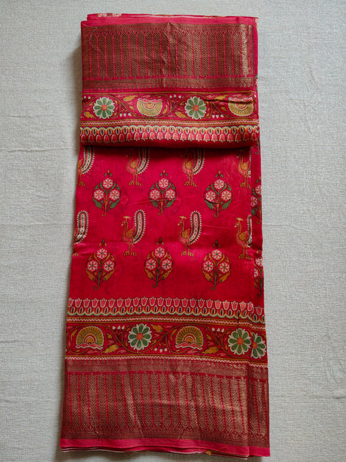 Chanderi Cotton Silk Screen Print Saree with Zari Border - Coral Red