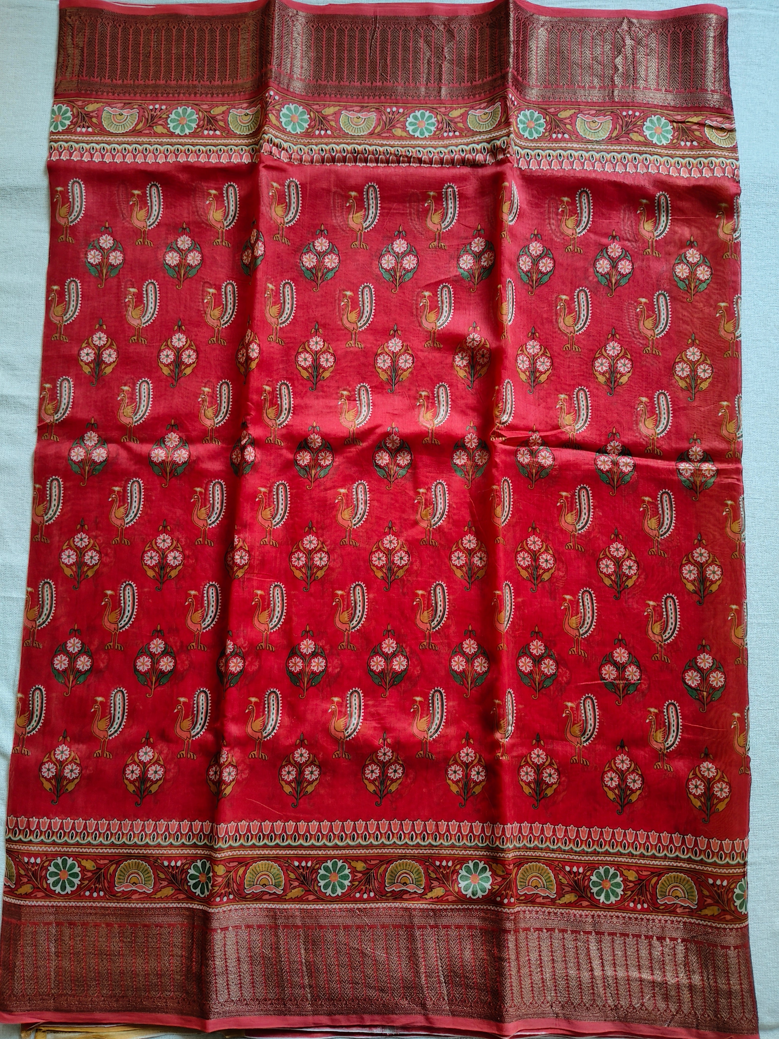 Chanderi Cotton Silk Screen Print Saree with Zari Border - Coral Red