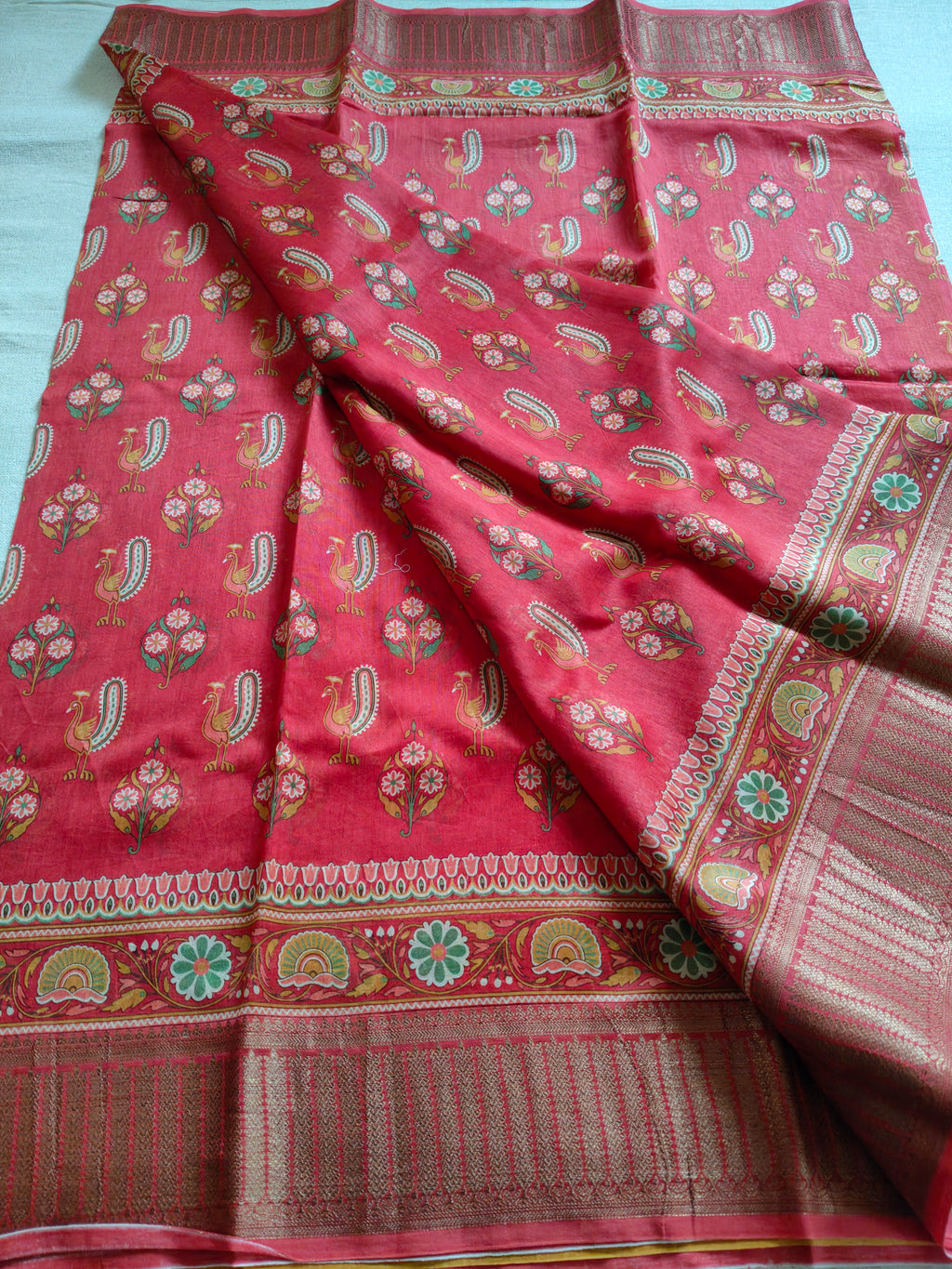 Chanderi Cotton Silk Screen Print Saree with Zari Border - Coral Red