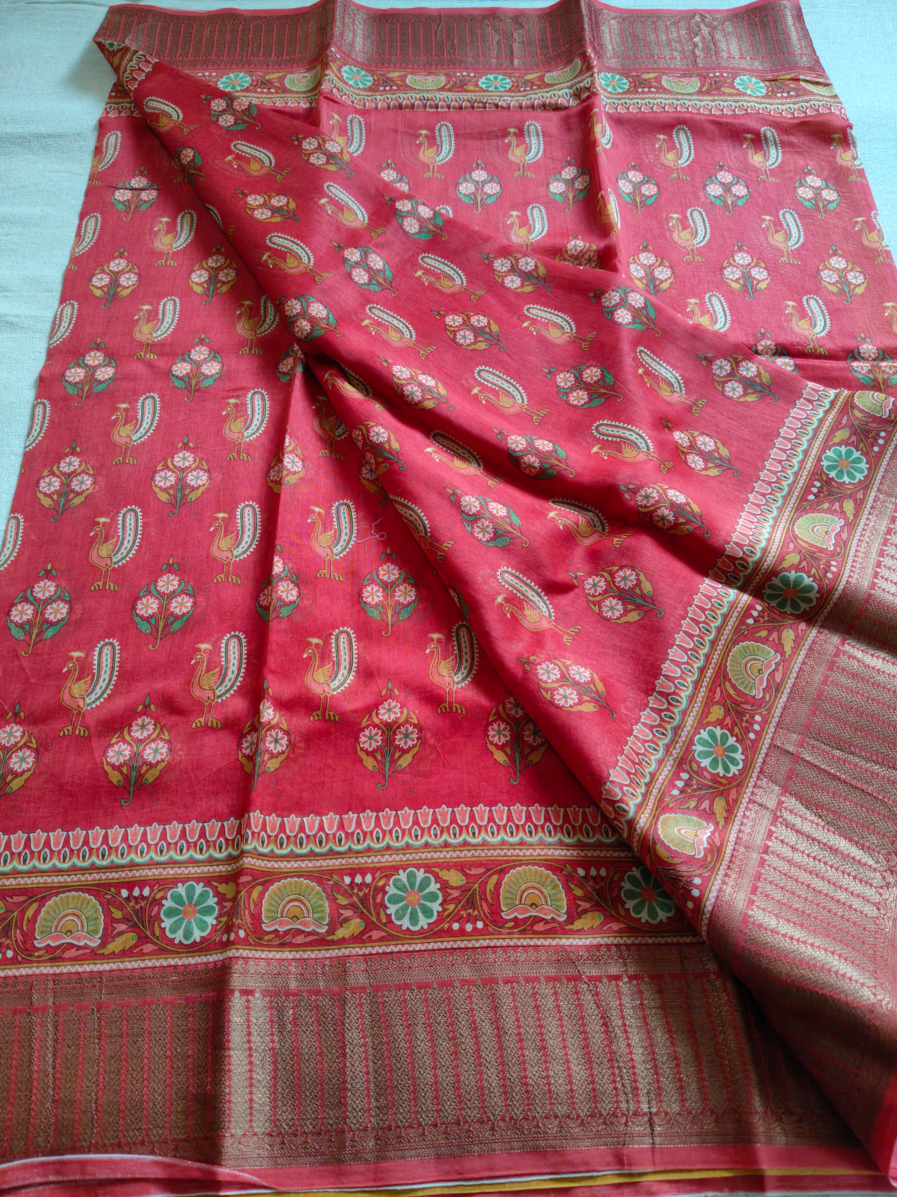 Chanderi Cotton Silk Screen Print Saree with Zari Border - Coral Red