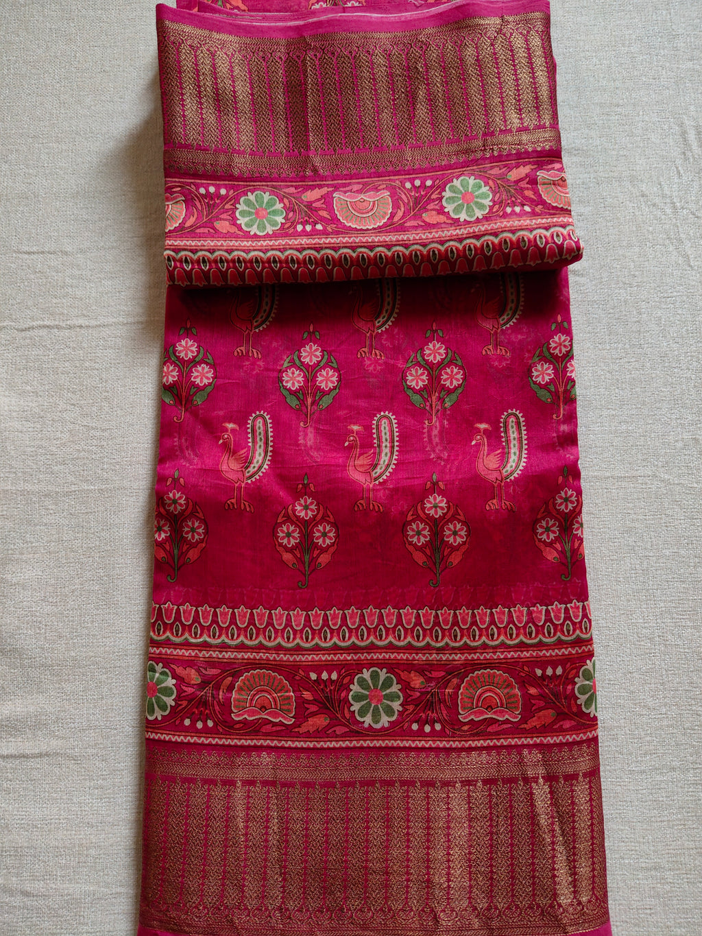 Chanderi Cotton Silk Screen Print Saree with Zari Border - Rani Pink