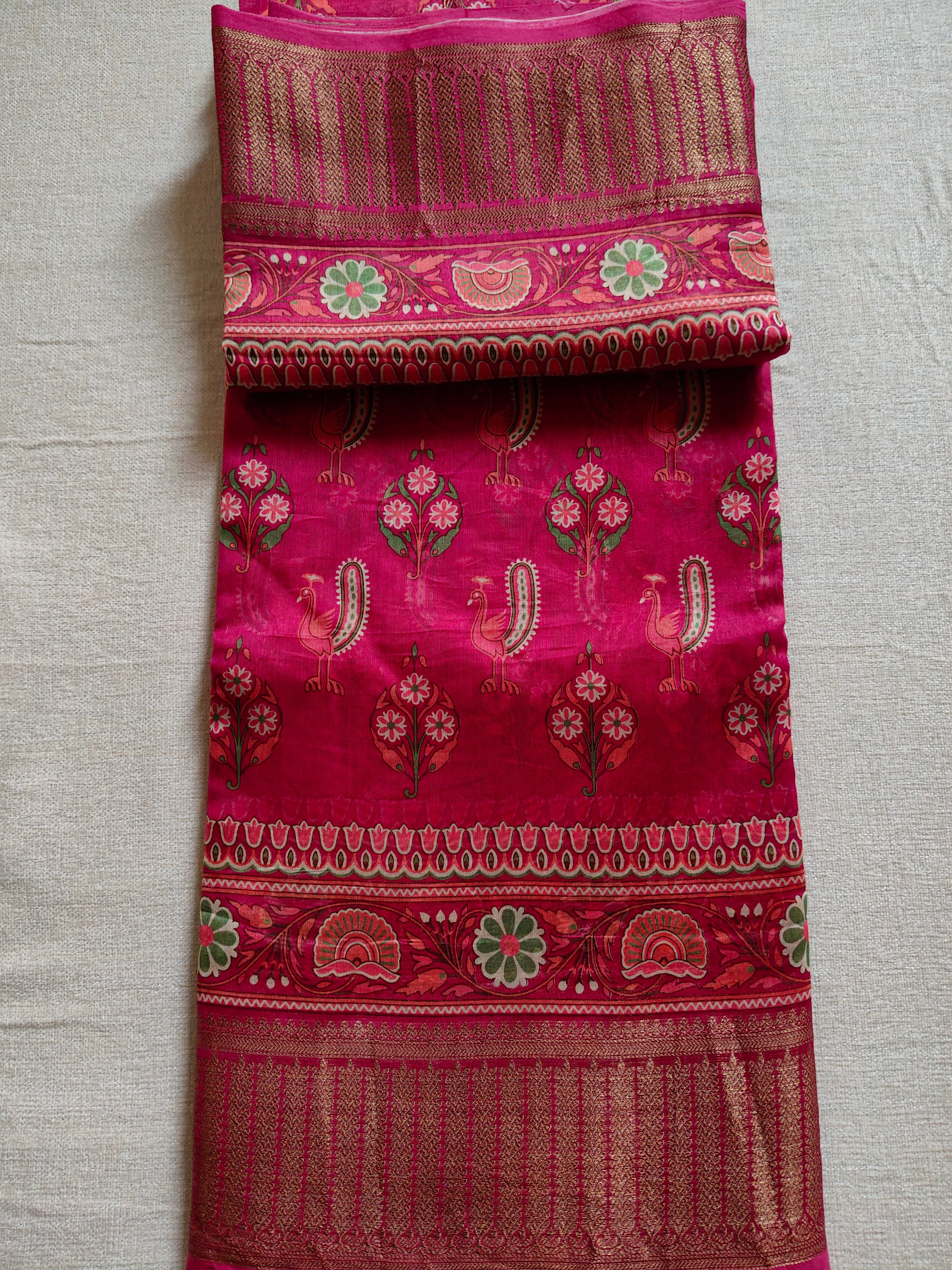 Chanderi Cotton Silk Screen Print Saree with Zari Border - Rani Pink