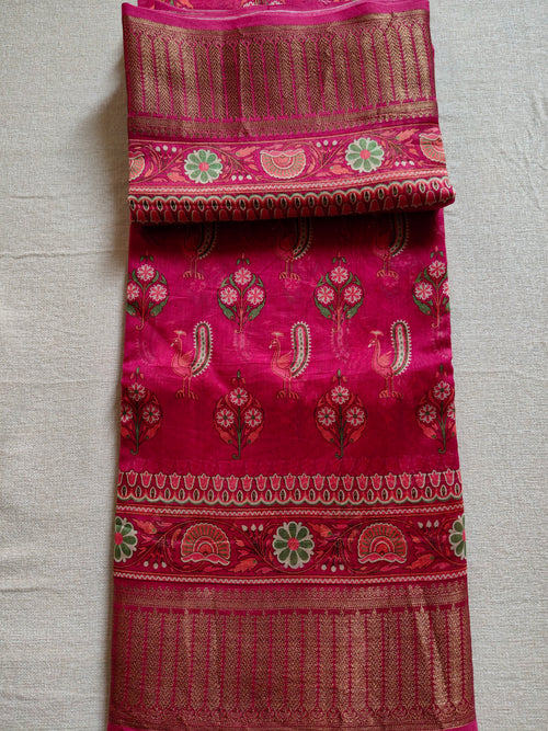 Chanderi Cotton Silk Screen Print Saree with Zari Border - Rani Pink