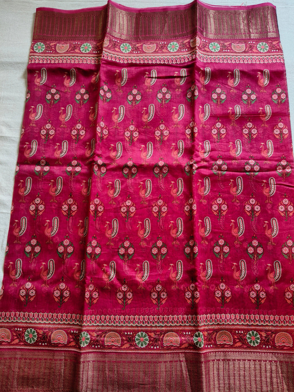 Chanderi Cotton Silk Screen Print Saree with Zari Border - Rani Pink