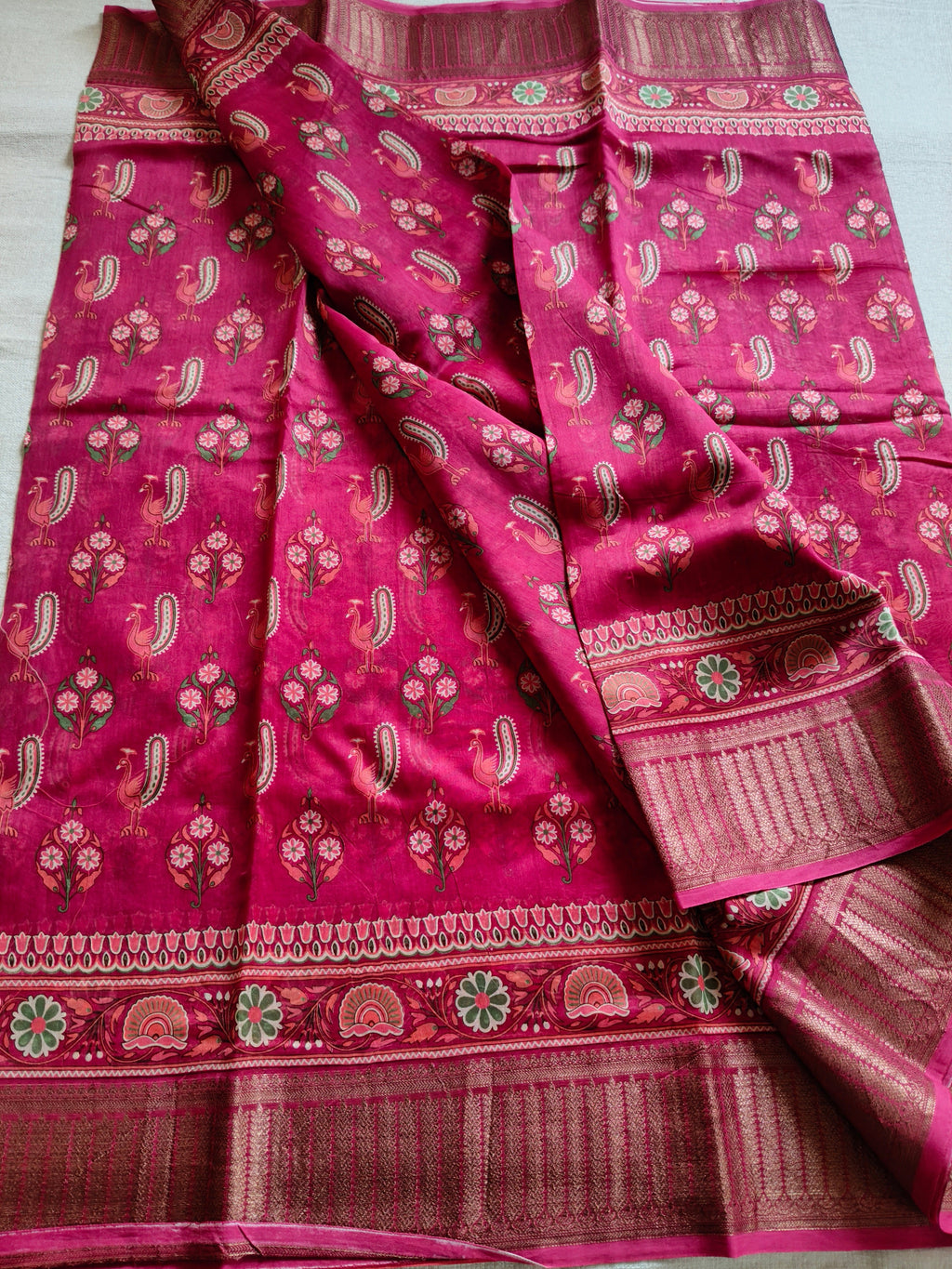 Chanderi Cotton Silk Screen Print Saree with Zari Border - Rani Pink