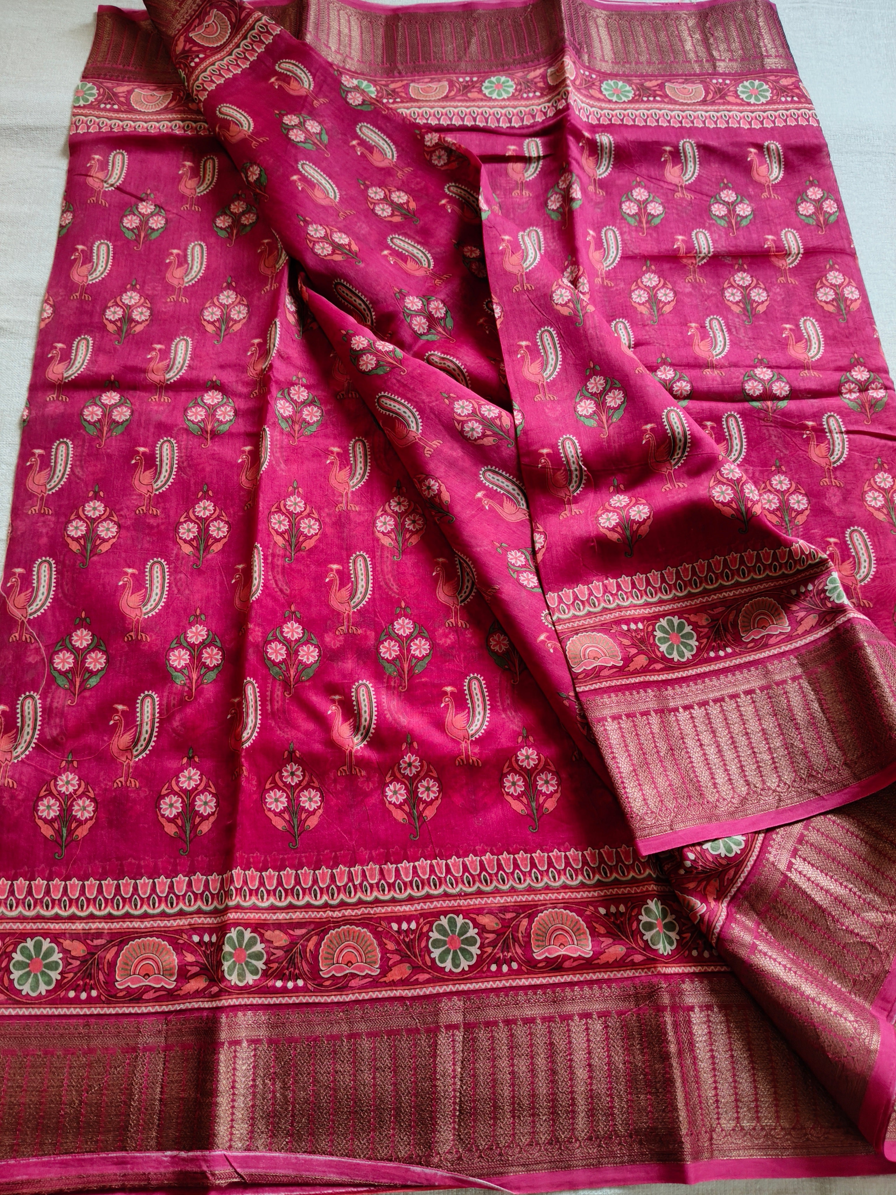 Chanderi Cotton Silk Screen Print Saree with Zari Border - Rani Pink