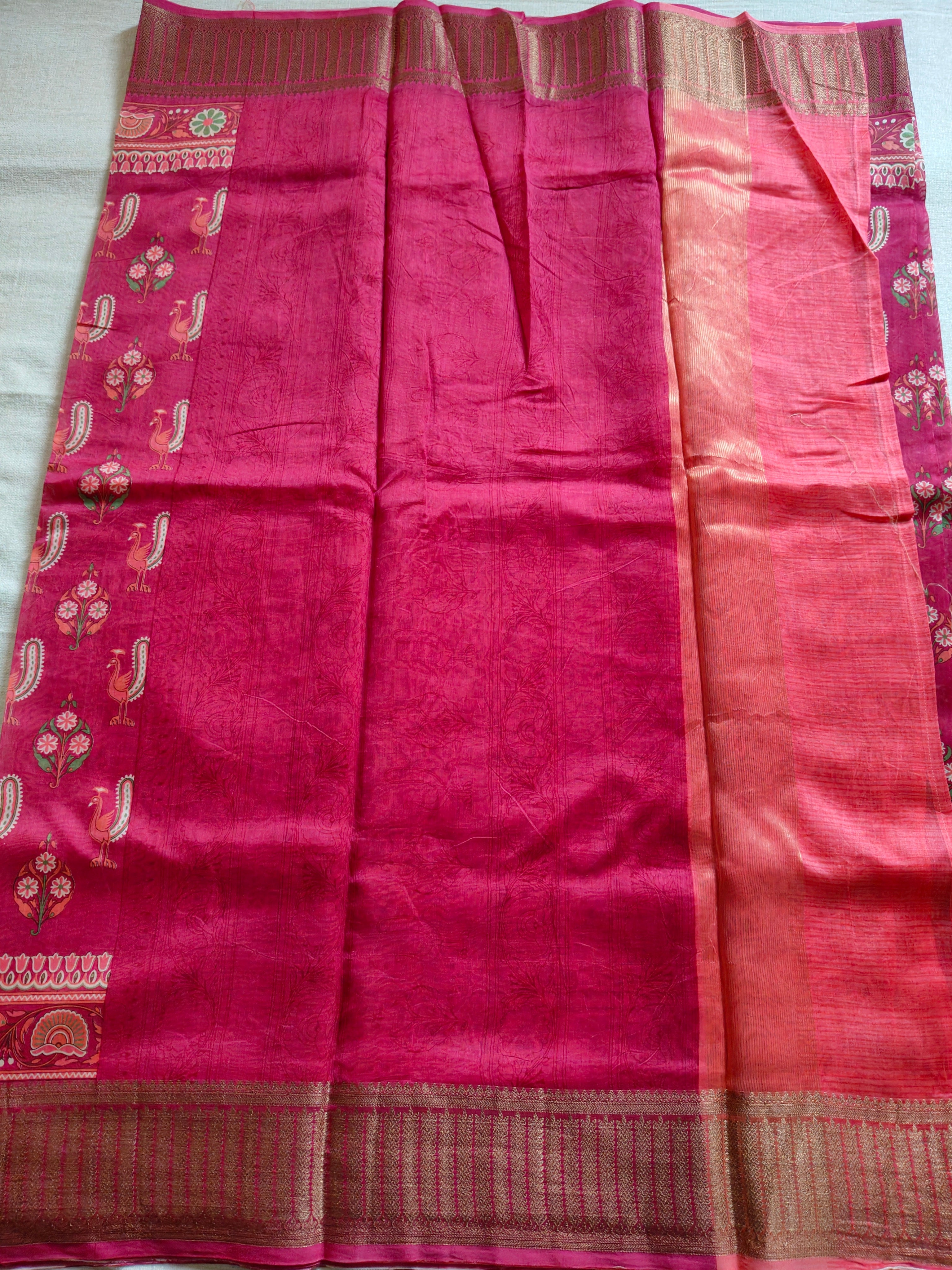 Chanderi Cotton Silk Screen Print Saree with Zari Border - Rani Pink