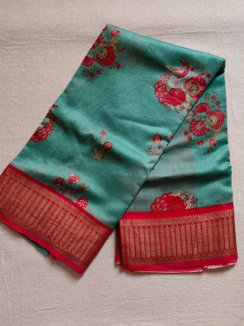 Chanderi Cotton Silk Screen Print Saree with Zari Border - Sea Green