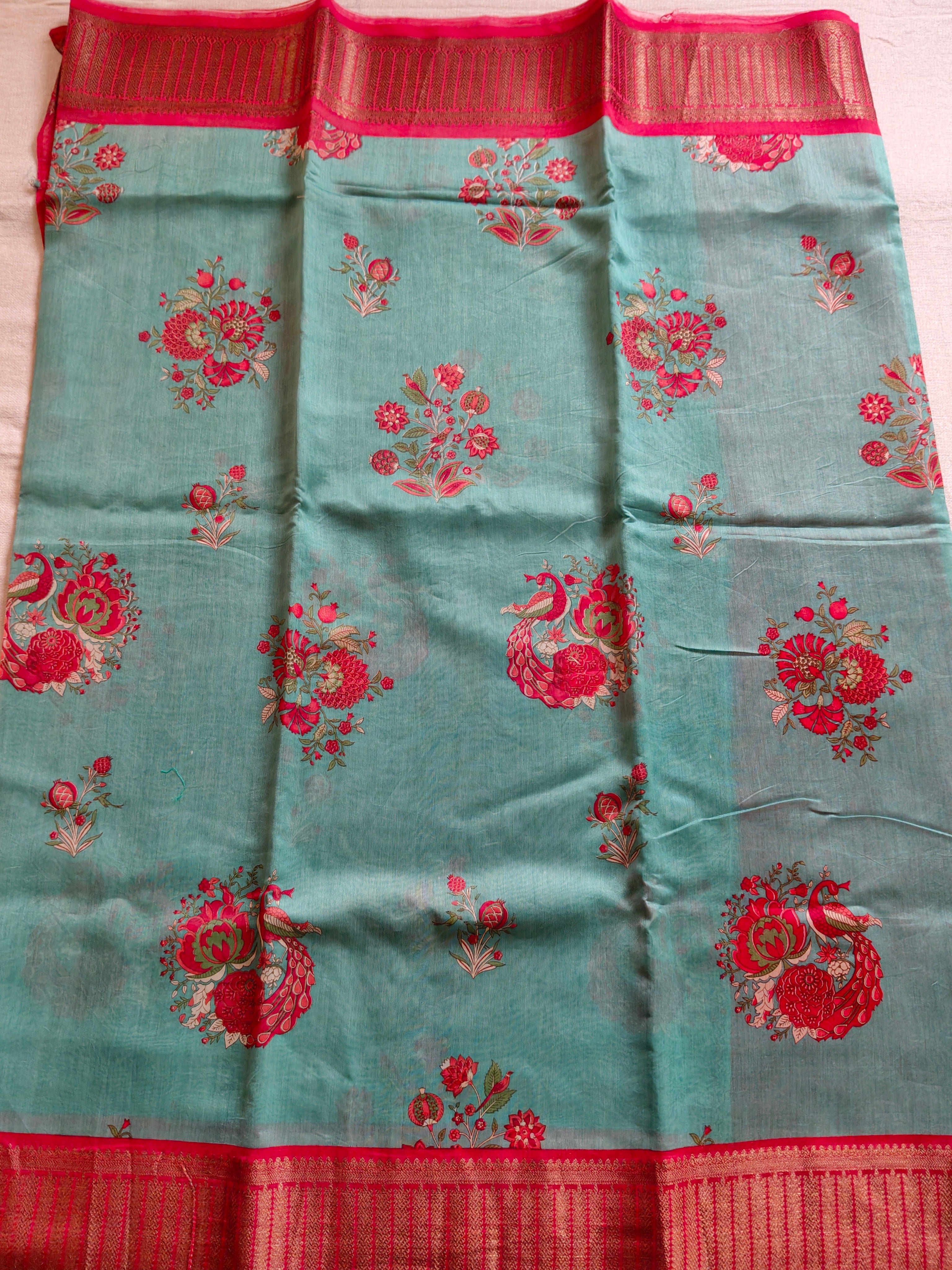 Chanderi Cotton Silk Screen Print Saree with Zari Border - Sea Green