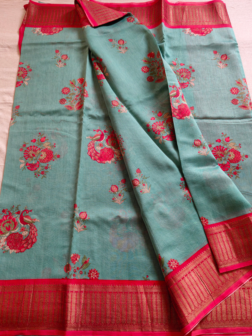 Chanderi Cotton Silk Screen Print Saree with Zari Border - Sea Green