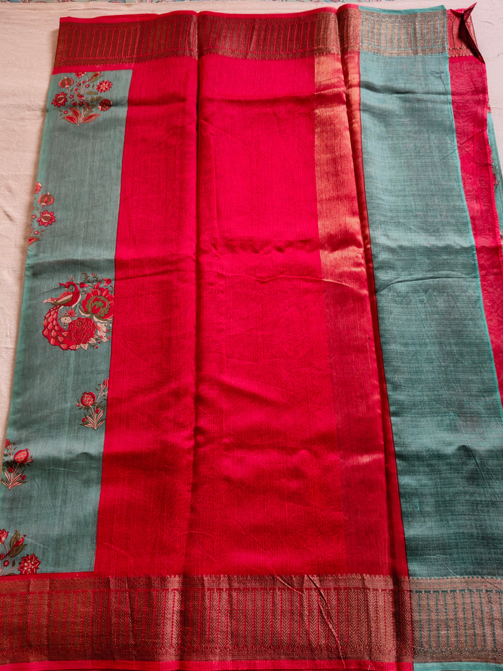 Chanderi Cotton Silk Screen Print Saree with Zari Border - Sea Green