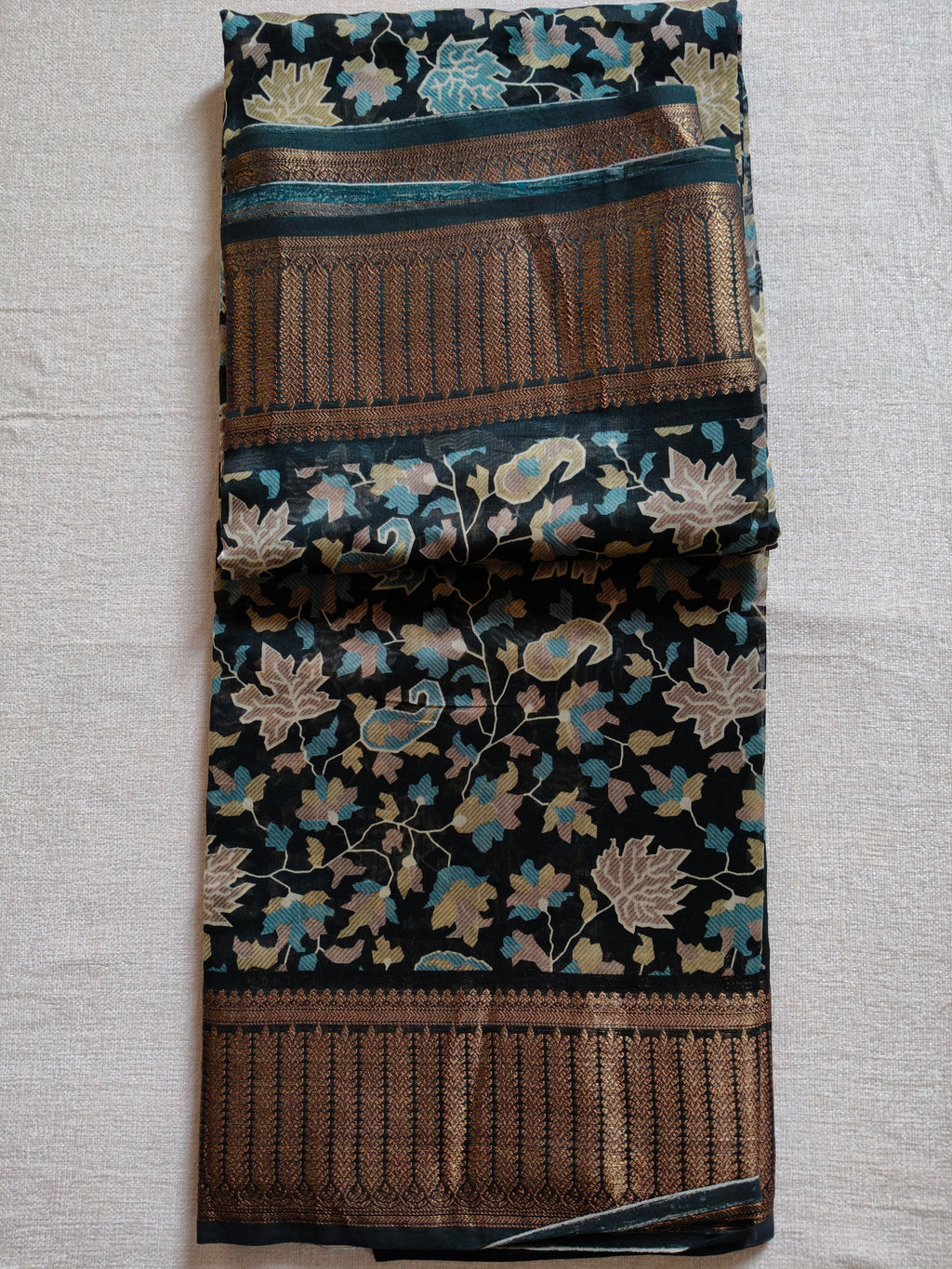 Chanderi Cotton Silk Screen Print Saree with Zari Border - Black