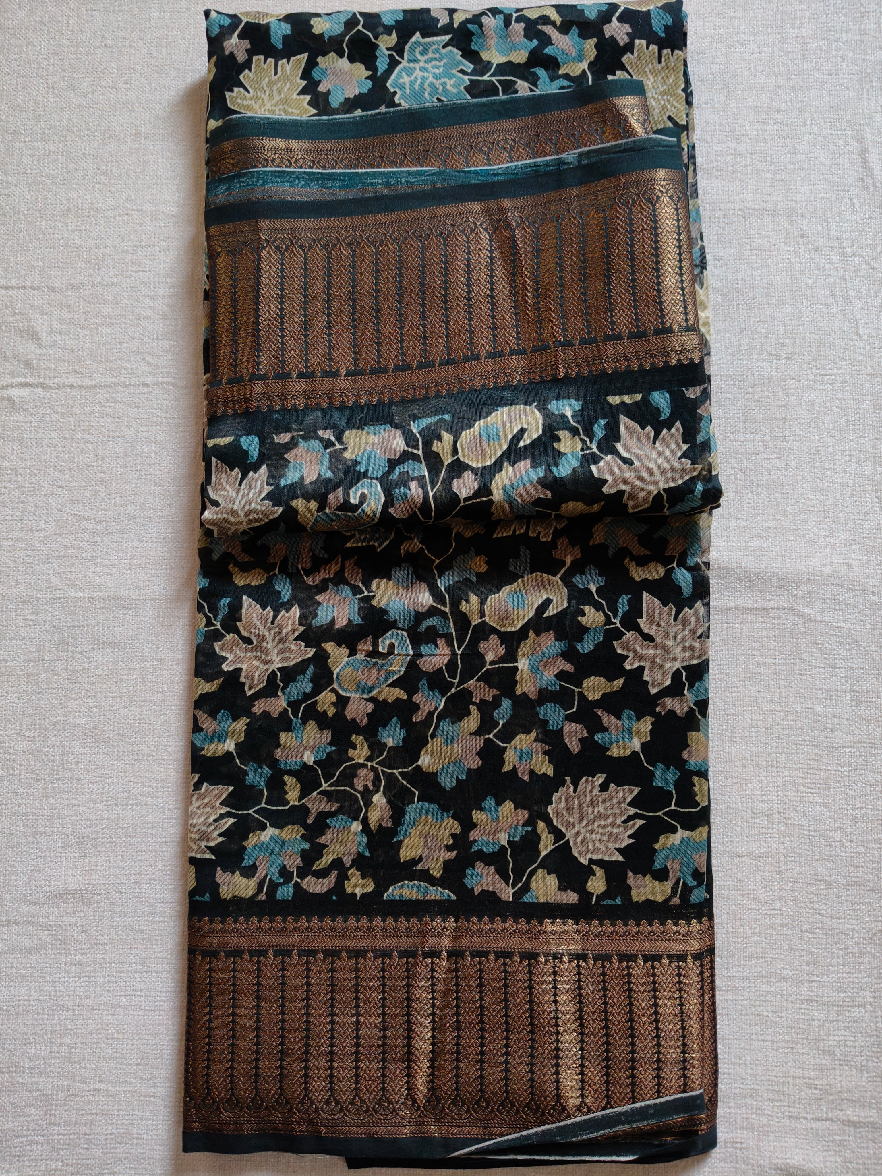 Chanderi Cotton Silk Screen Print Saree with Zari Border - Black