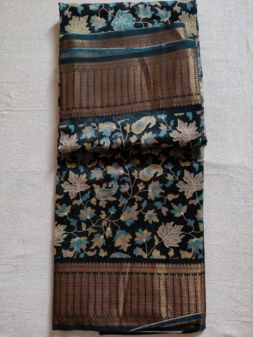 Chanderi Cotton Silk Screen Print Saree with Zari Border - Black