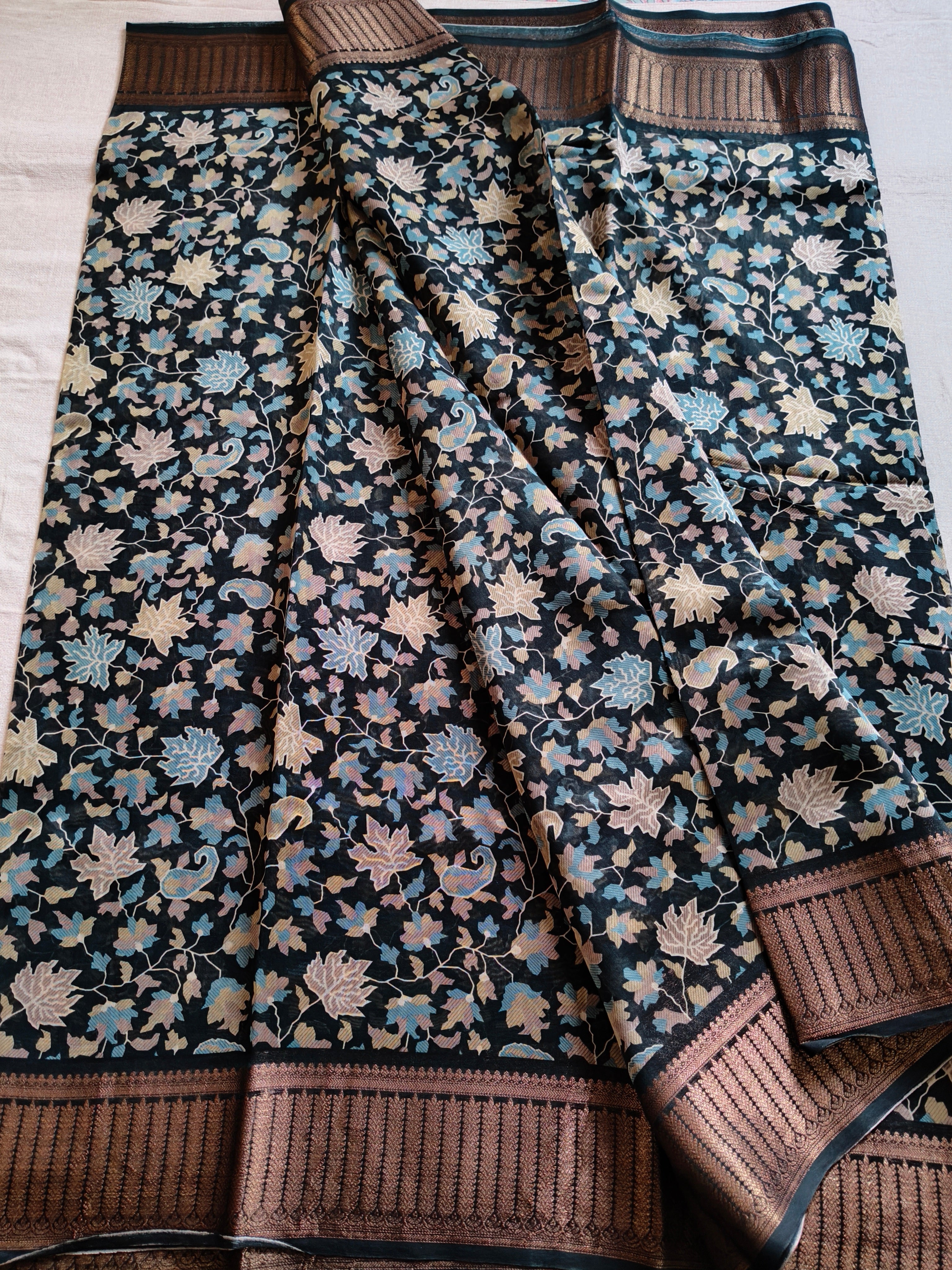 Chanderi Cotton Silk Screen Print Saree with Zari Border - Black