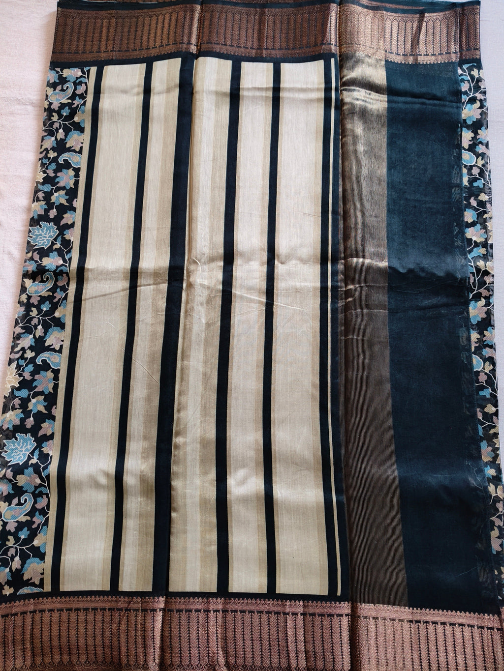 Chanderi Cotton Silk Screen Print Saree with Zari Border - Black