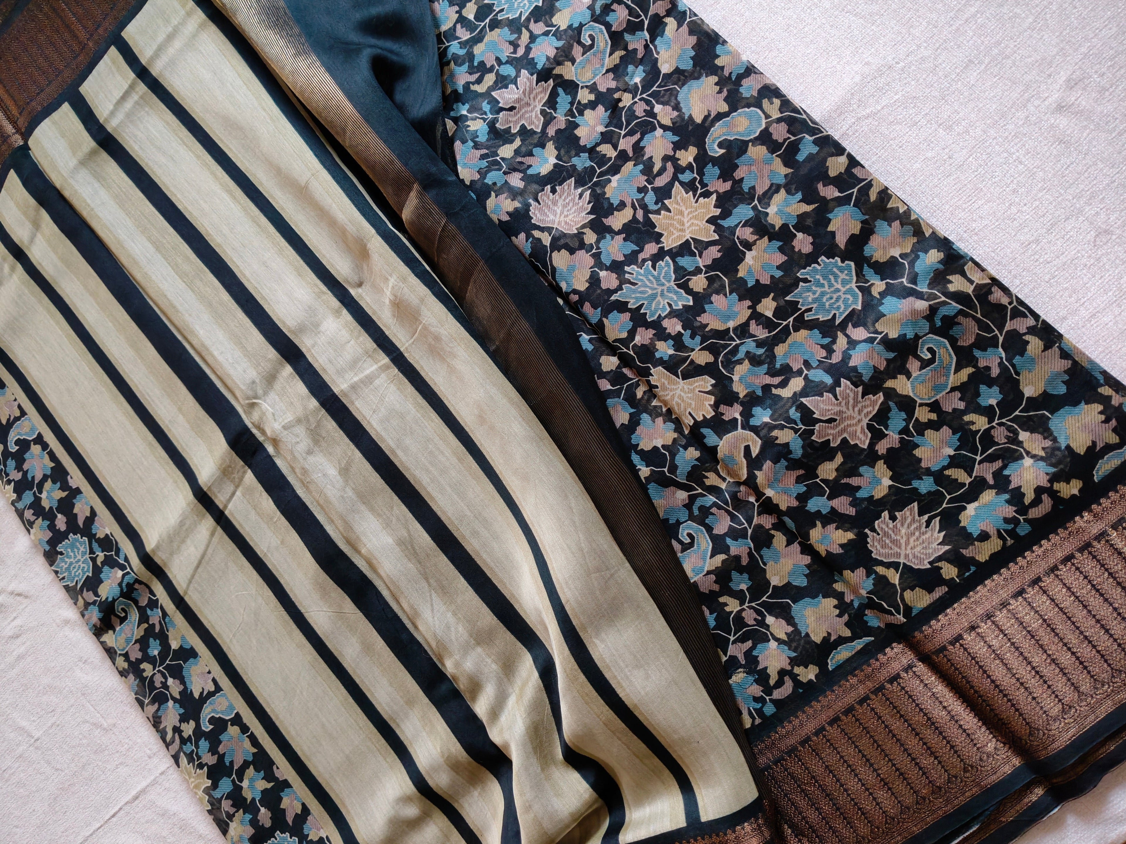Chanderi Cotton Silk Screen Print Saree with Zari Border - Black
