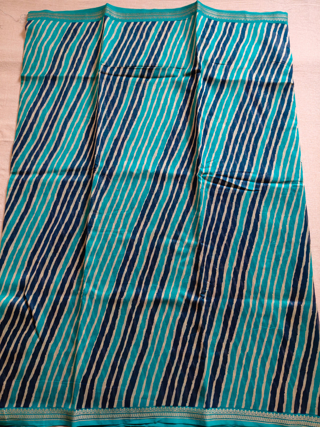 Chanderi Cotton Silk Leheriya Saree with Gold Zari Border - Teal Blue & Navy Blue