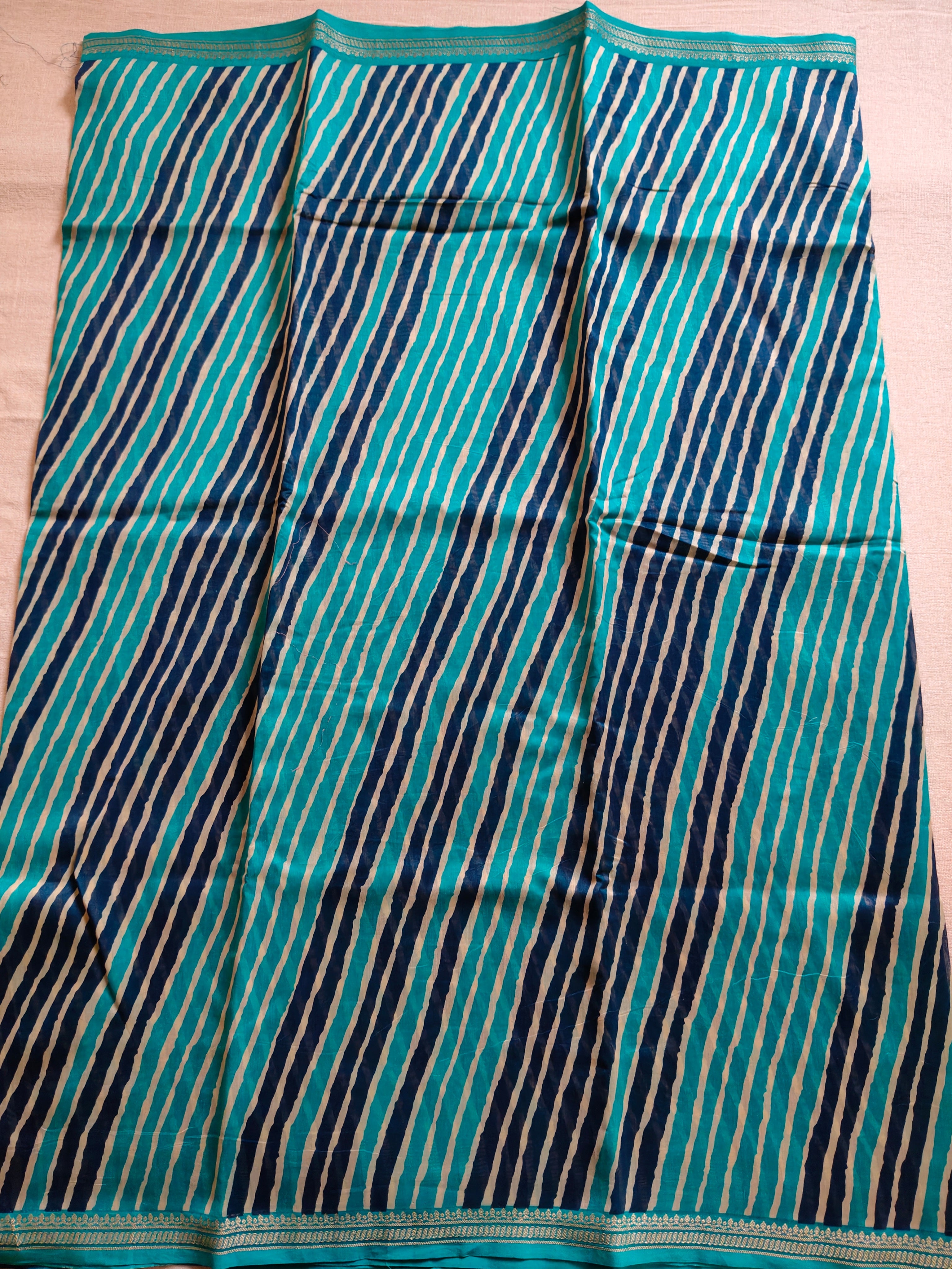 Chanderi Cotton Silk Leheriya Saree with Gold Zari Border - Teal Blue & Navy Blue