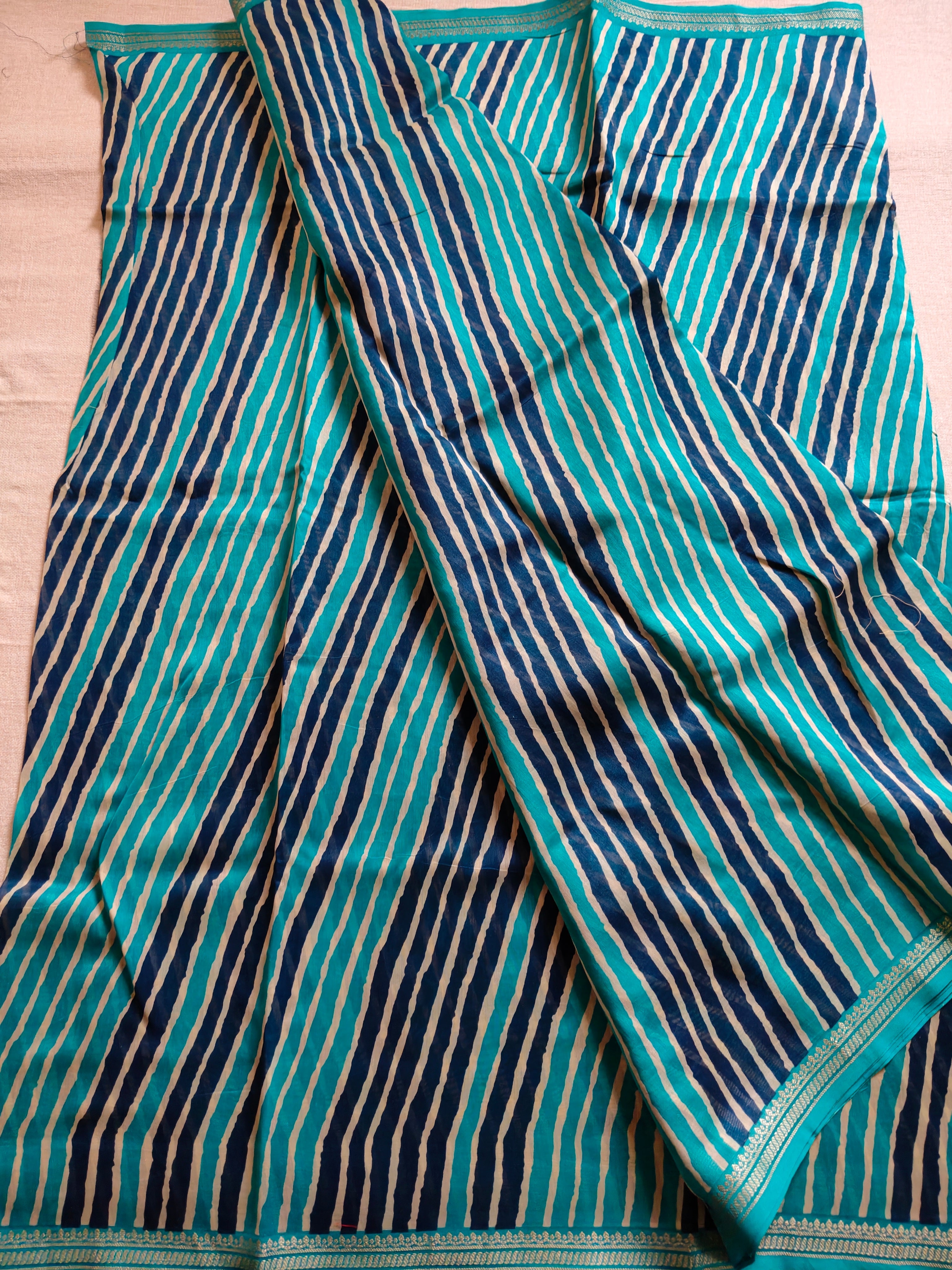 Chanderi Cotton Silk Leheriya Saree with Gold Zari Border - Teal Blue & Navy Blue