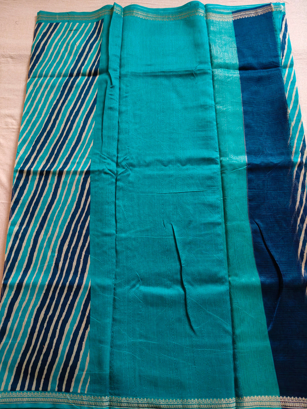 Chanderi Cotton Silk Leheriya Saree with Gold Zari Border - Teal Blue & Navy Blue
