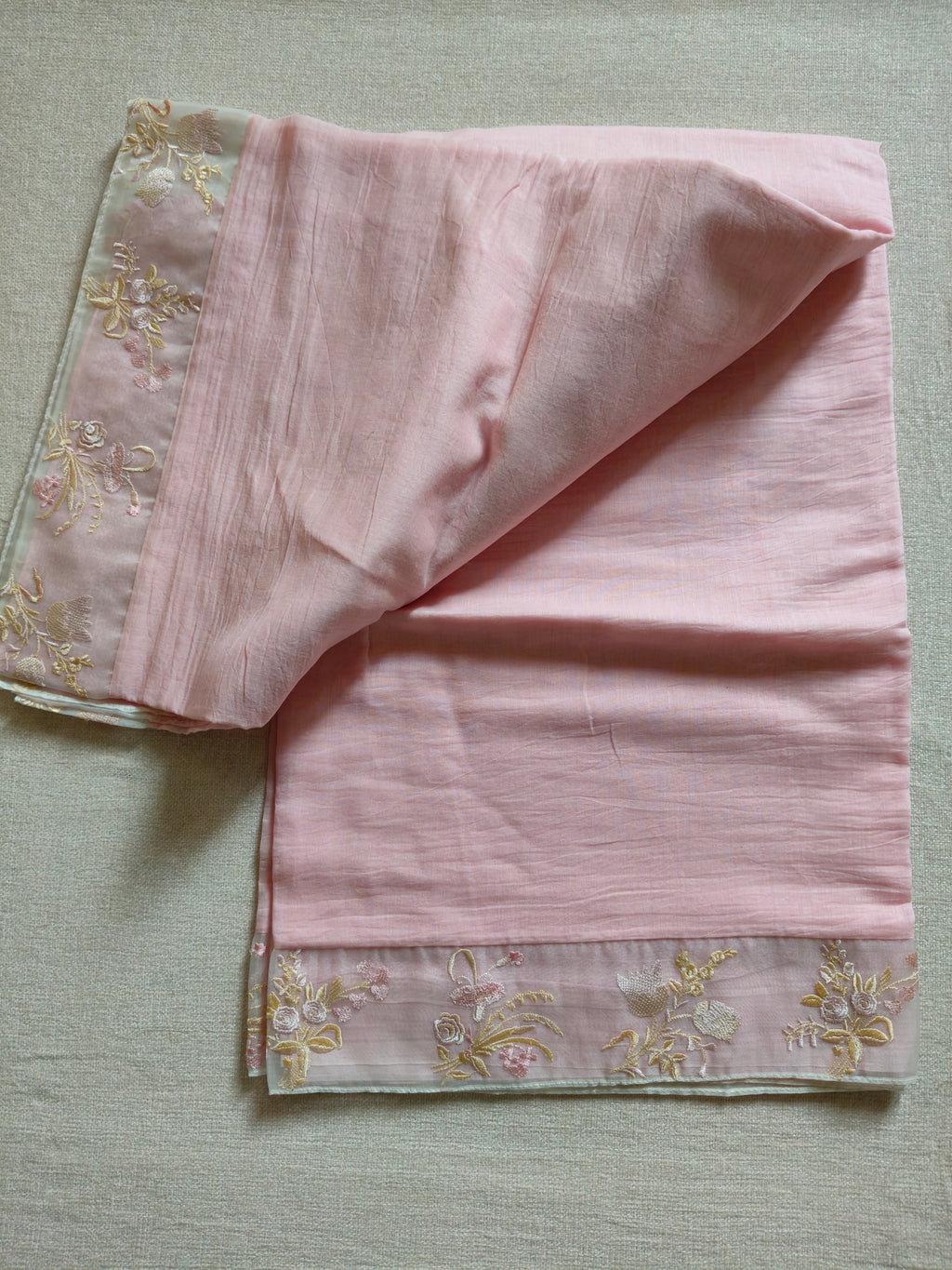Mal Cotton Saree with Kora Embroidery Border - Blush Pink