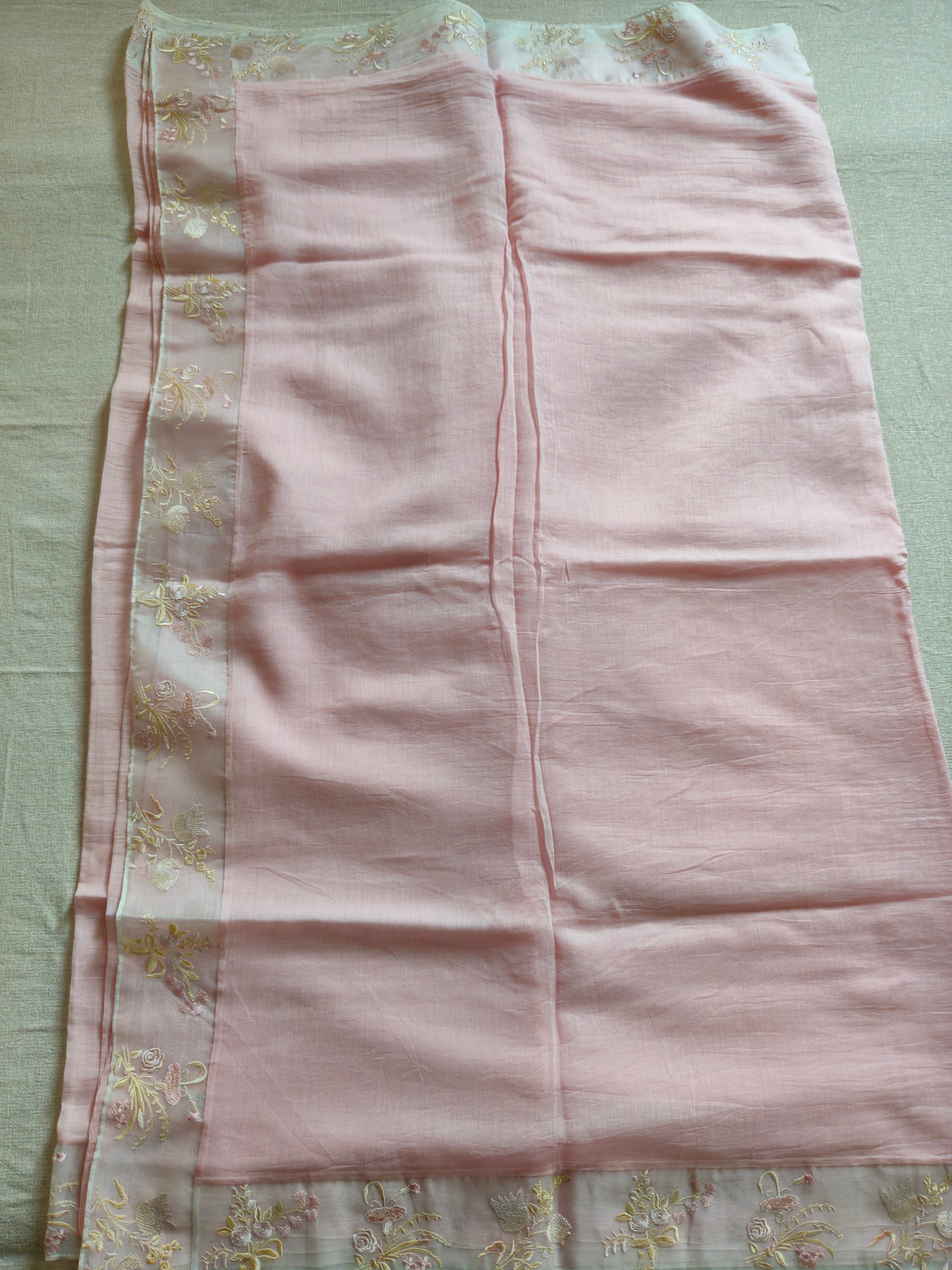 Mal Cotton Saree with Kora Embroidery Border - Blush Pink