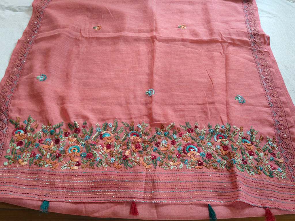 Coral Pink Linen-Cotton Saree with Hand Embroidery