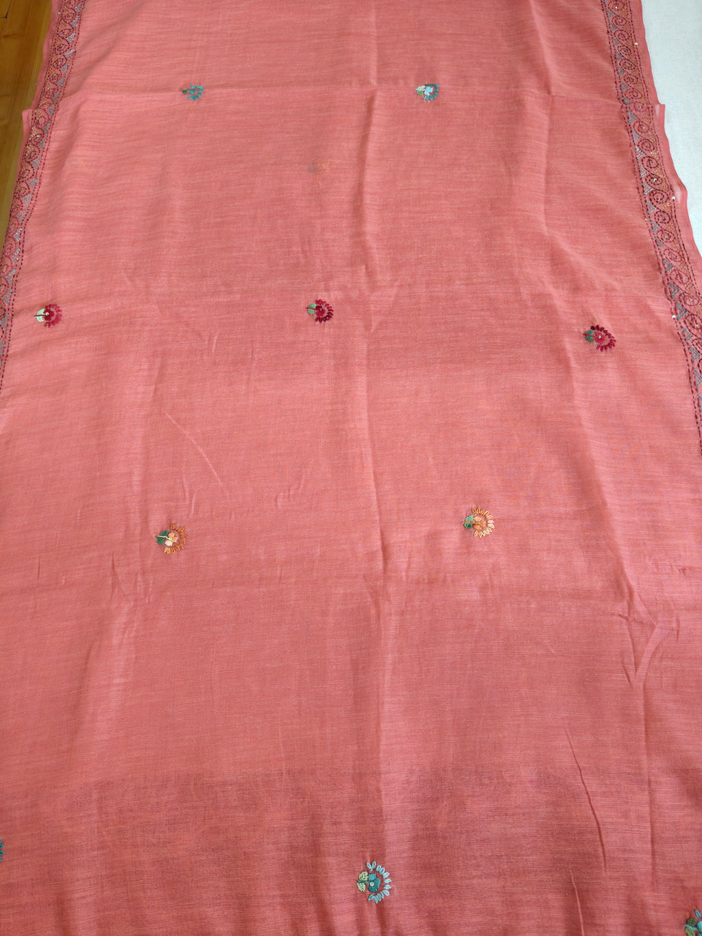 Coral Pink Linen-Cotton Saree with Hand Embroidery