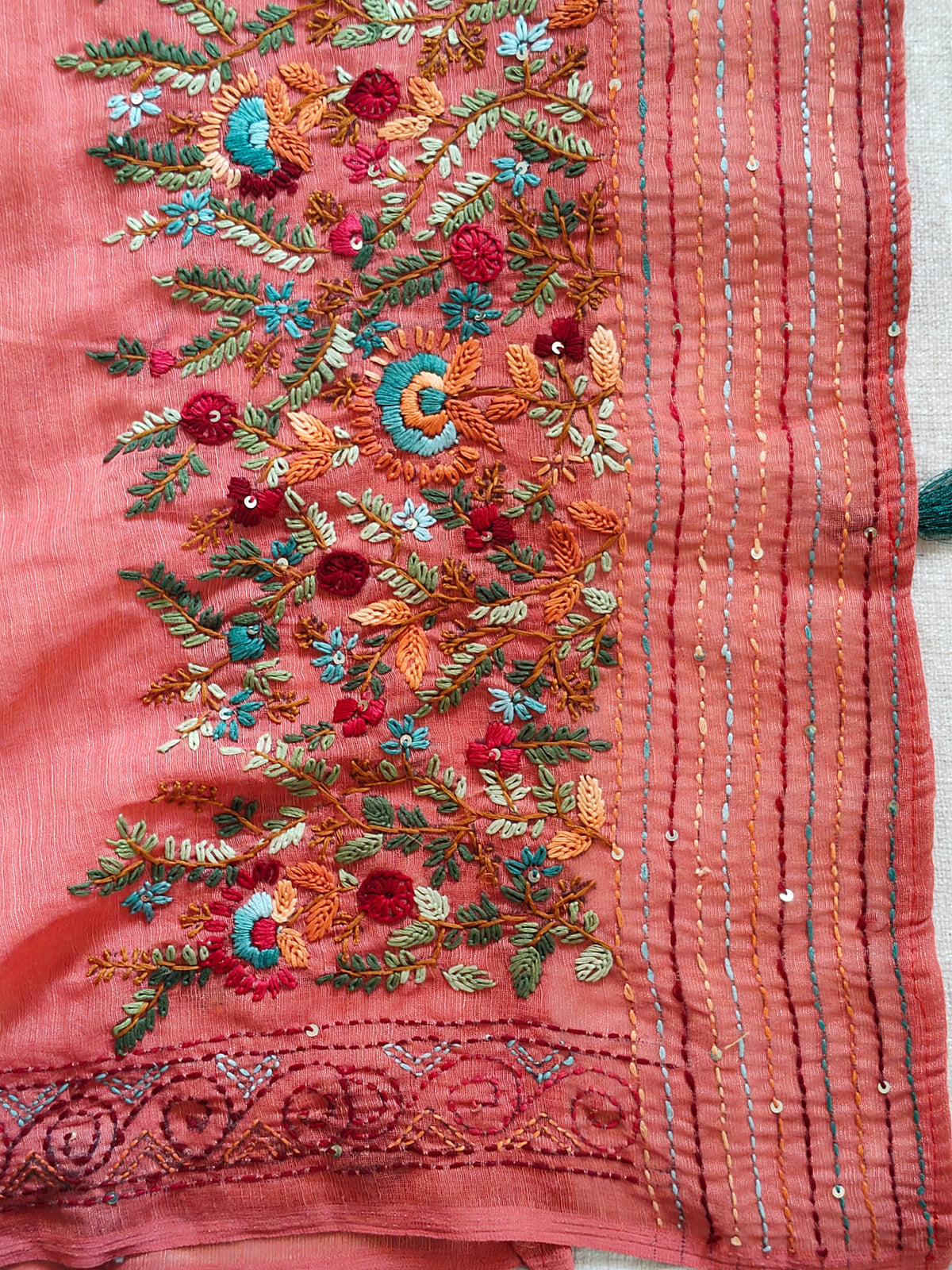 Coral Pink Linen-Cotton Saree with Hand Embroidery