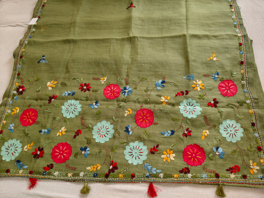 Olive Green Linen-Cotton Saree with Hand Embroidery