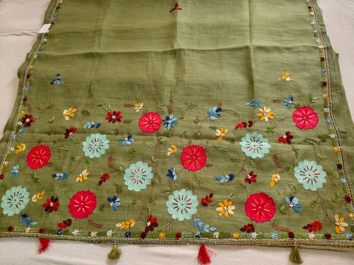 Olive Green Linen-Cotton Saree with Hand Embroidery