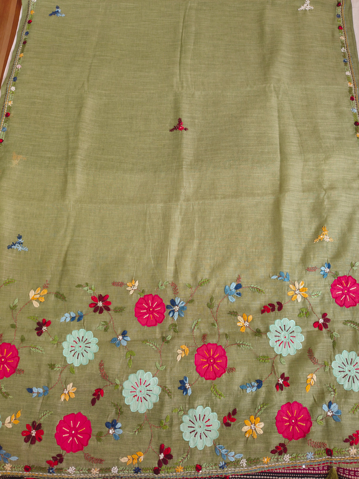 Olive Green Linen-Cotton Saree with Hand Embroidery