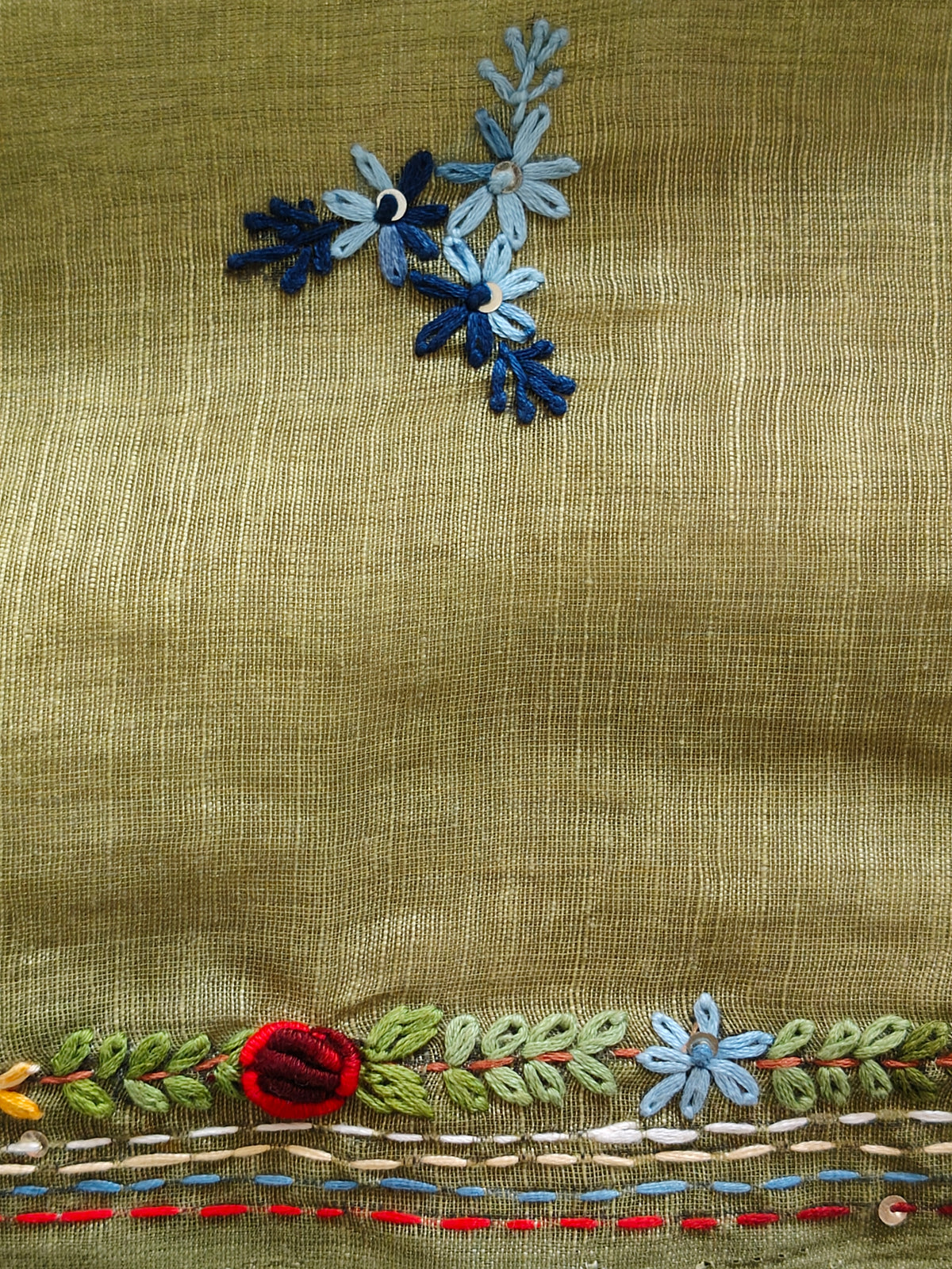 Olive Green Linen-Cotton Saree with Hand Embroidery
