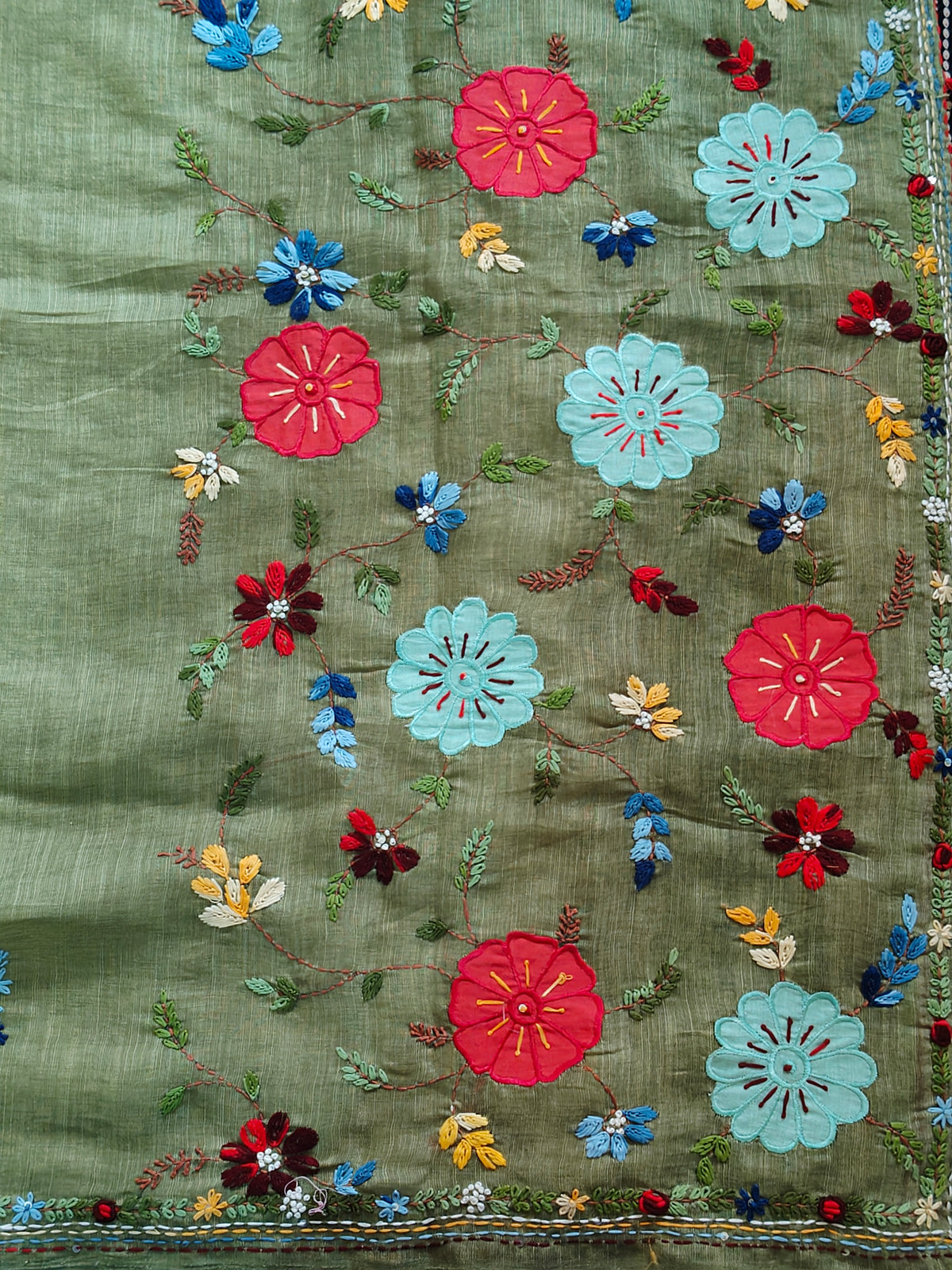 Olive Green Linen-Cotton Saree with Hand Embroidery