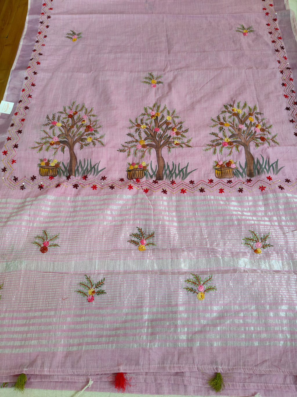Dusty Lilac Linen-Cotton Saree with Hand Embroidery